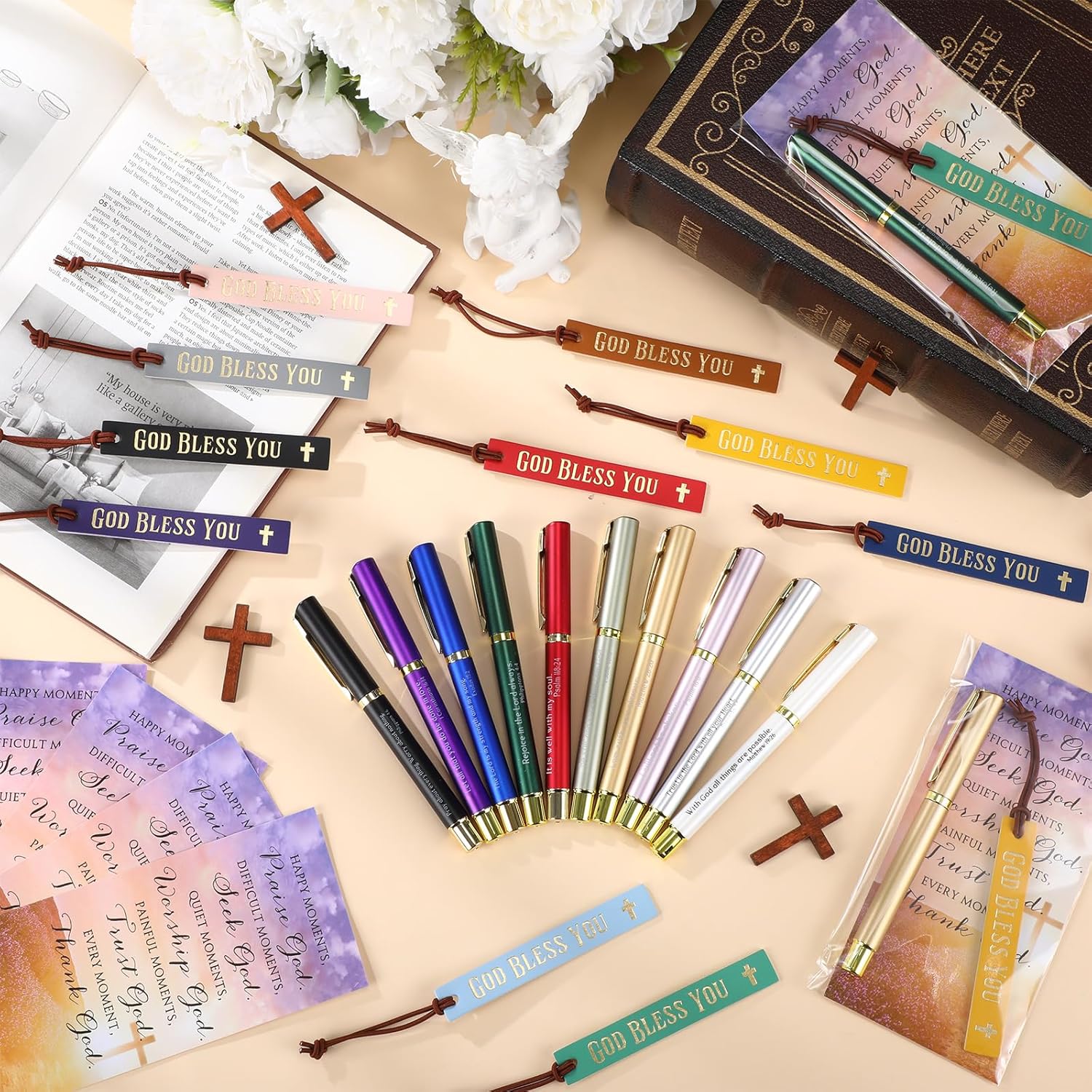Skyygemm 40 Set Christian Church Gift Bulk Bible Verse Pens God Bless You Bookmarks & Religious Prayer Cards with Bags for Women Men Sunday School Christmas Christian Party Gifts(40 Set,Colorful)