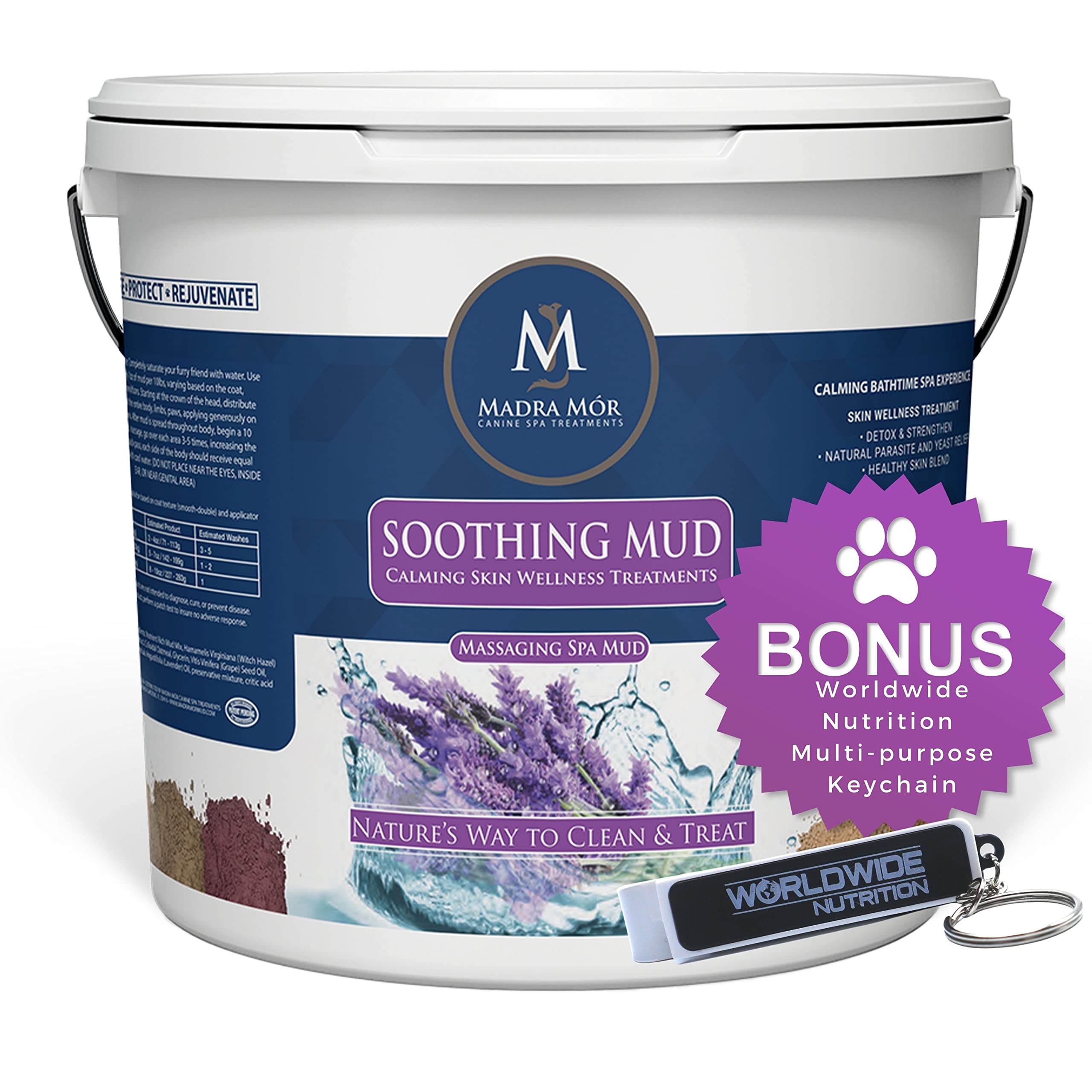 Madra Mor Soothing Dog Essentials Mud Bath | Dog Bath Dog Hot Spot Treatment for Dog Allergy &amp; Dog Itch Relief | Dog Coat Skin Care Products | 7.5lb Pail w Worldwide Nutrition Multi Purpose Key Chain