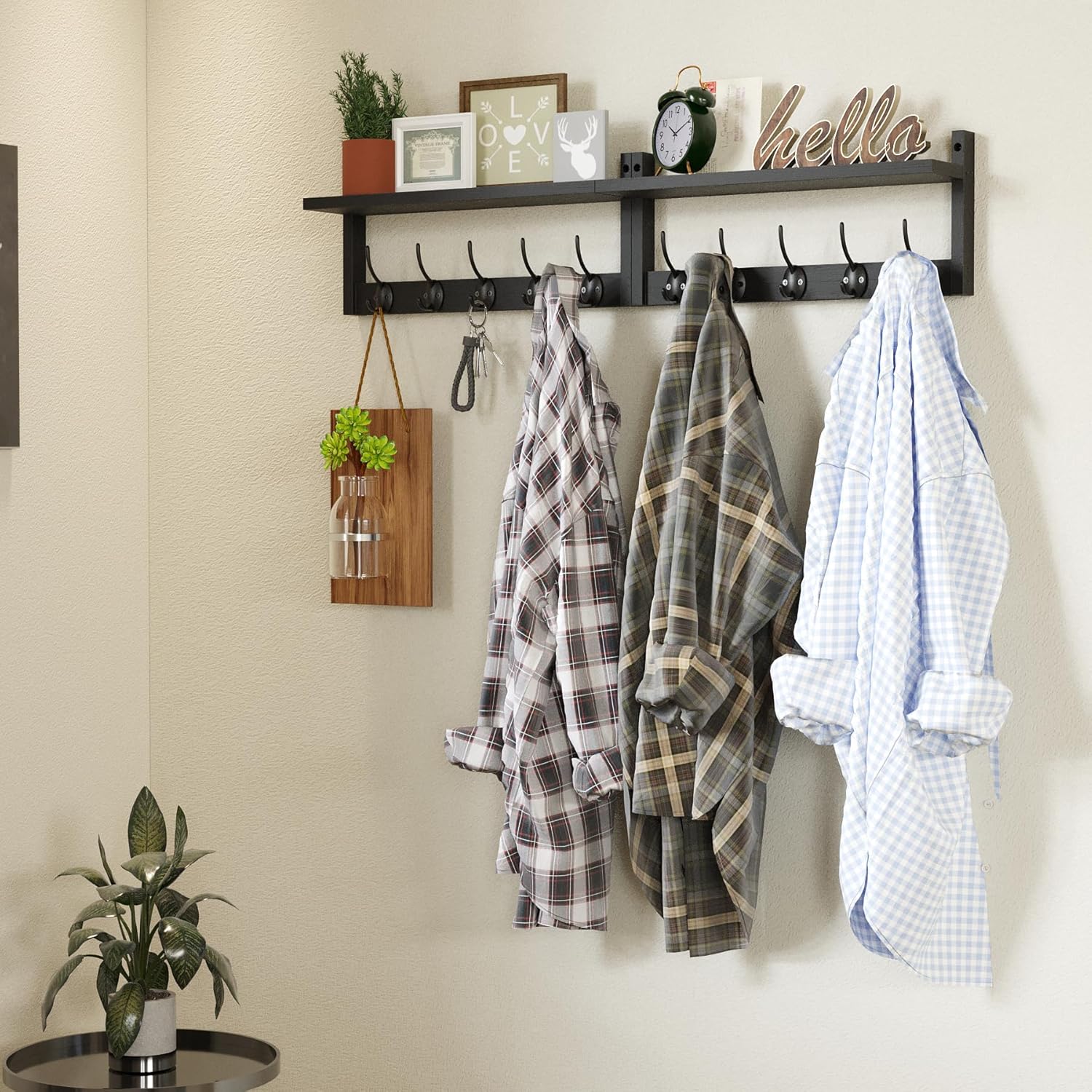 AMBIRD 34.2" Extra Long Wooden Wall Hook Rack with Shelf - Versatile and Decorative Wall-Mounted Storage with 10 Hooks for Coats, Hats, Keys, Scarves - Ideal for Entryways, Bedrooms, Closets (Black)
