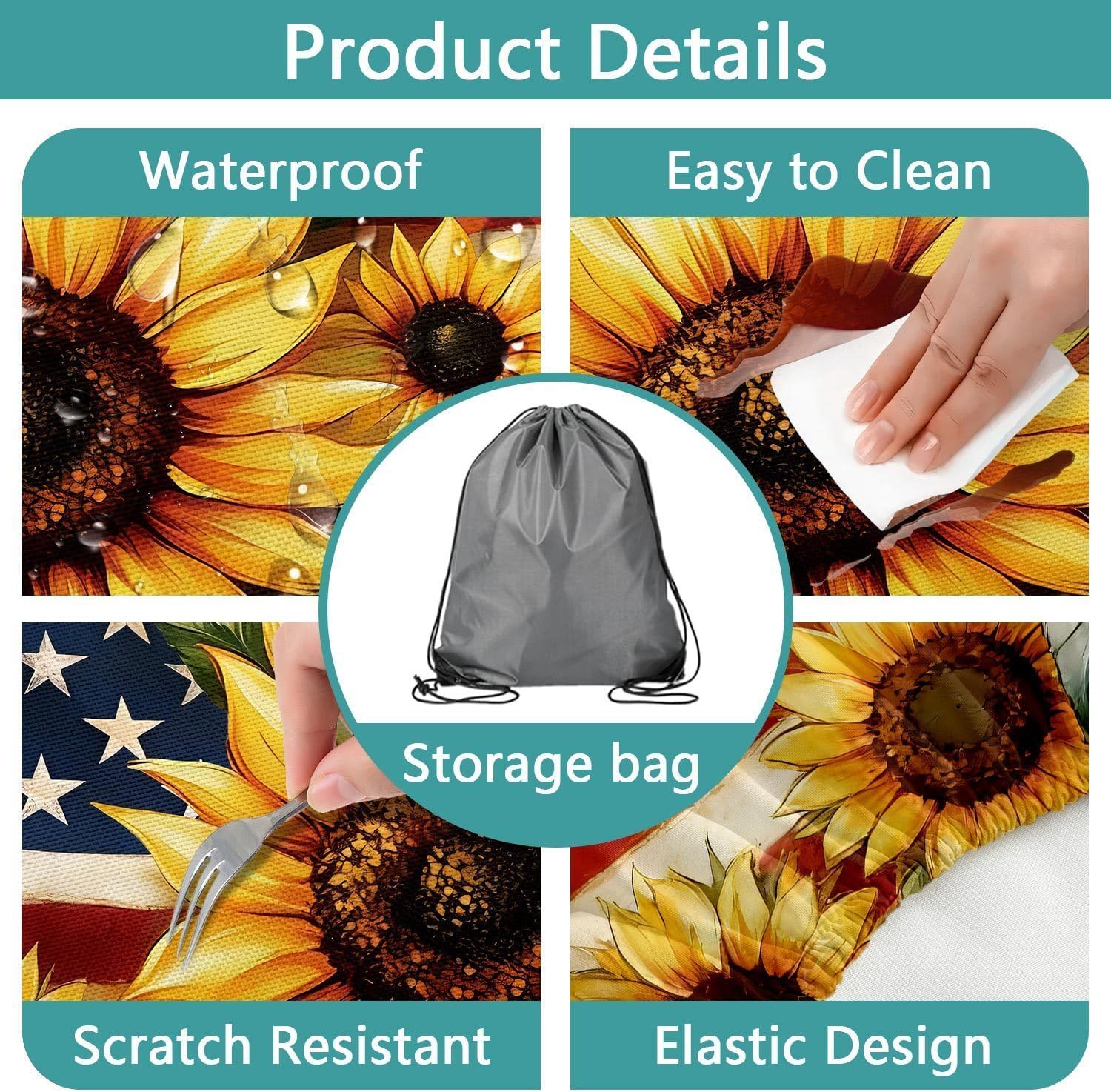 Picnic Table Cover with Bench Covers and Bag, American Flag Sunflower Summer Camping Essentials Outdoor Table Covers with Elastic Picnic Waterproof Fitted Tablecloth for RV Picnic Travel 3pcs 96inch