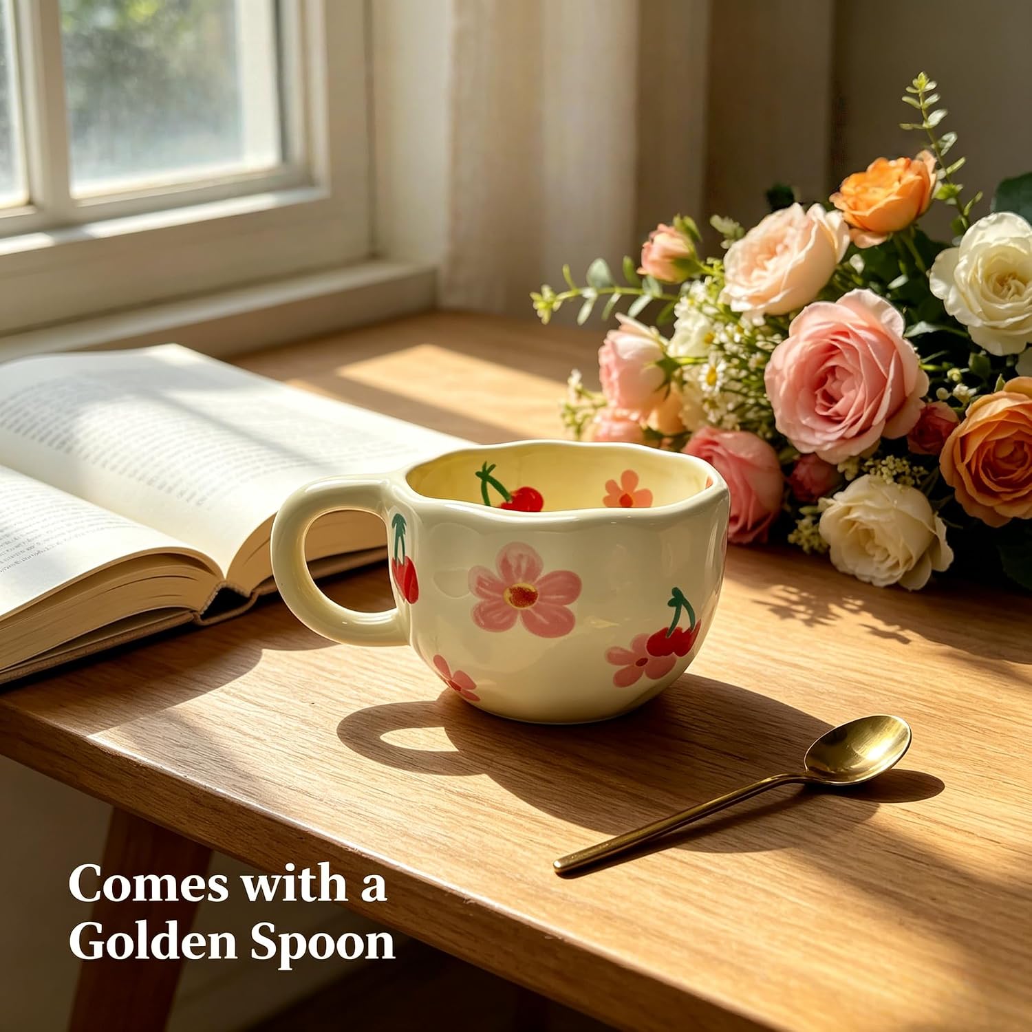 2-Pack Cute Ceramic Coffee Mugs with Spoons, 8 oz Floral Cups image 4