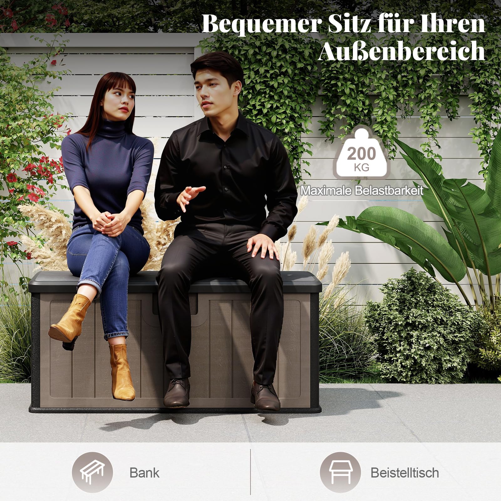 GOPLUS 378 L Gartenbox, Auflagenbox wasserdicht, Aufbewahrungsbox mit abschließbarem Deckel & Griff, Kissenbox für Garten, Gartentruhe für Terrasse, Poolzubehör & Gartengeräte (Schwarz+Braun)