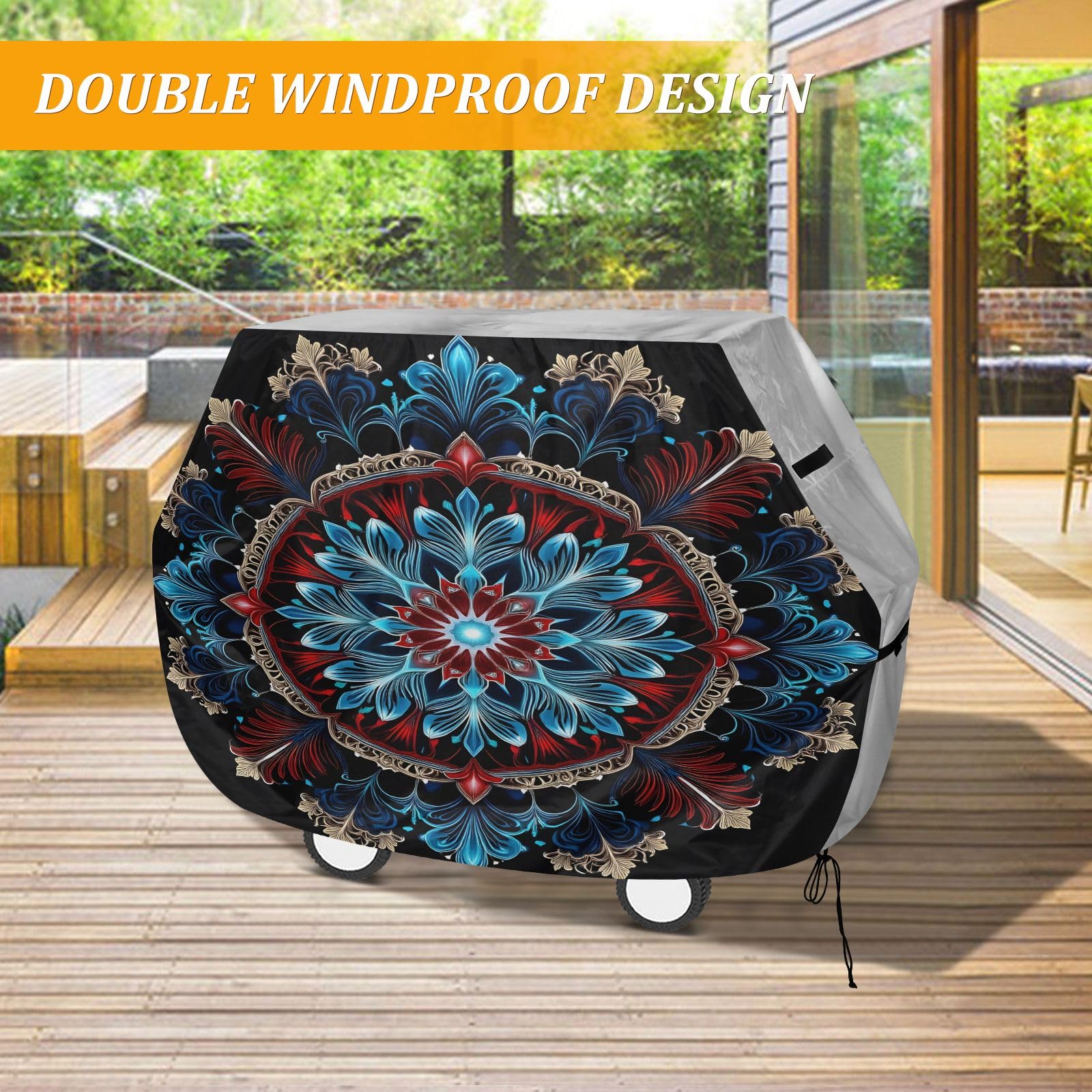 Copertura per barbecue di alta qualità, impermeabile, resistente allo sbiadimento, resistente, adatta per griglie fino a 25 cm in rosso blu mandala