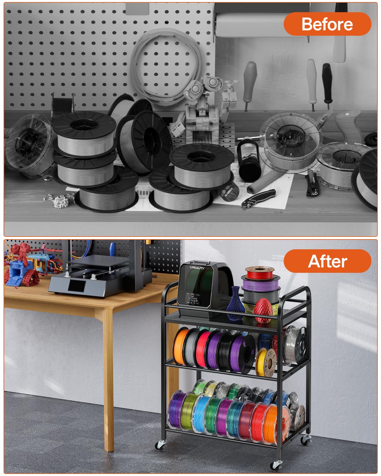 Filament-Aufbewahrungsregal für 3D-Drucker, rollende Filament-Spulenhalter mit Rollen, robustes Metallregal für PLA/ABS/TPU/Nylon, Filamente organisiert für 3D-Druckstudio, Bürowerkstatt, Schwarz