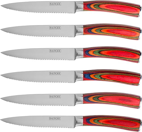 Baltique Marrakesh Collection - Juego de 6 cuchillos de cocina de acero inoxidable de 5 pulgadas con asas de madera coloridas para cortar carne