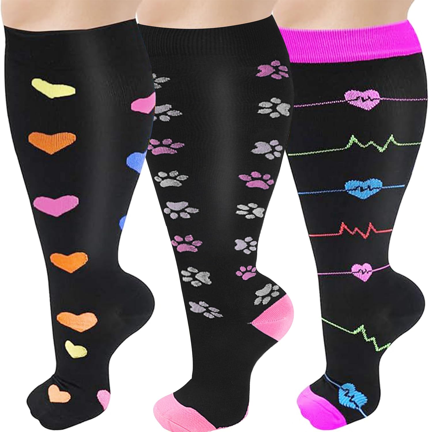 3 Pairs Plus Size Compression Socks for Women and Men, 2030 mmHg Wide