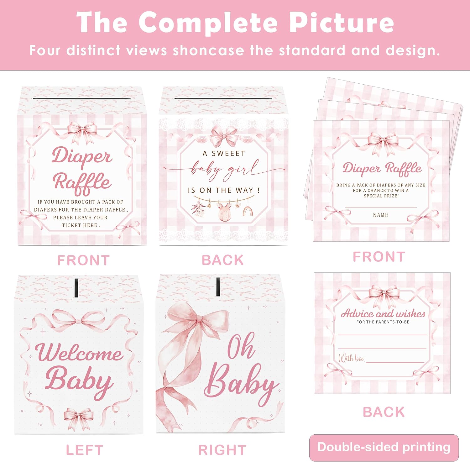 Diaper Raffle Box for Baby Shower, 50 Pink Bow Diaper Raffle Tickets with Card Box, Baby Shower Games for Girl, Advice And Wishes for The Parents-to-be