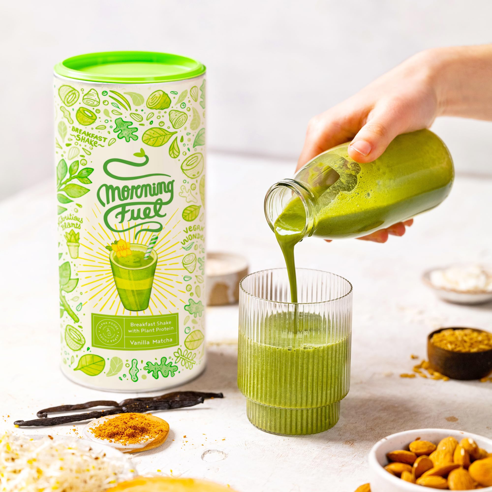 Morning Fuel | Mélange Vanille et Matcha pour le petit-déjeuner | Proteine vegetale de pois germés, quinoa, avoine, algues, alfalfa, épinards, maca, spiruline | vit. B6 + B12 | 600gr | Alpha Foods