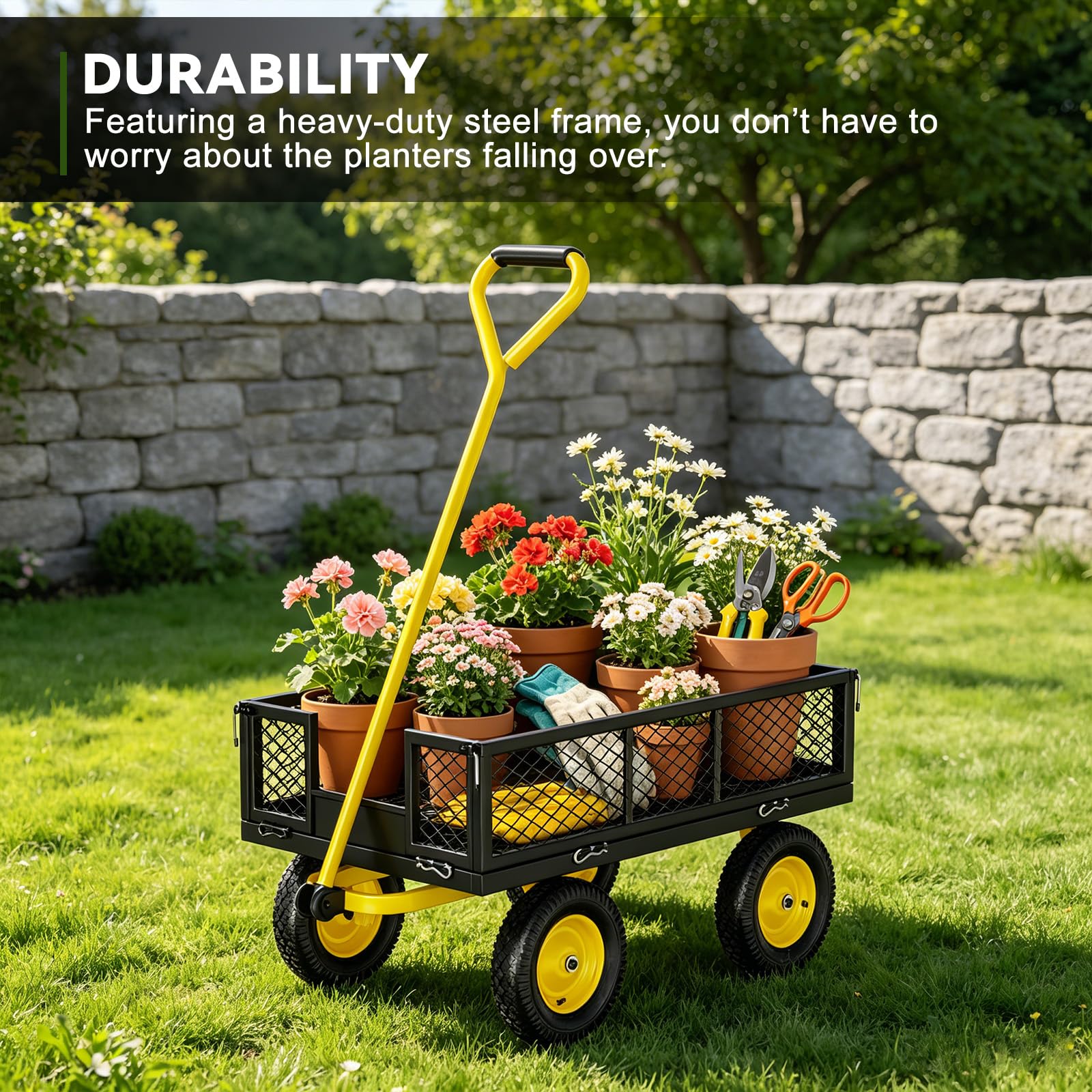 Carrito de jardín (300 kg, 4 ruedas, remolque exterior con asa giratoria 180° y laterales desmontables
