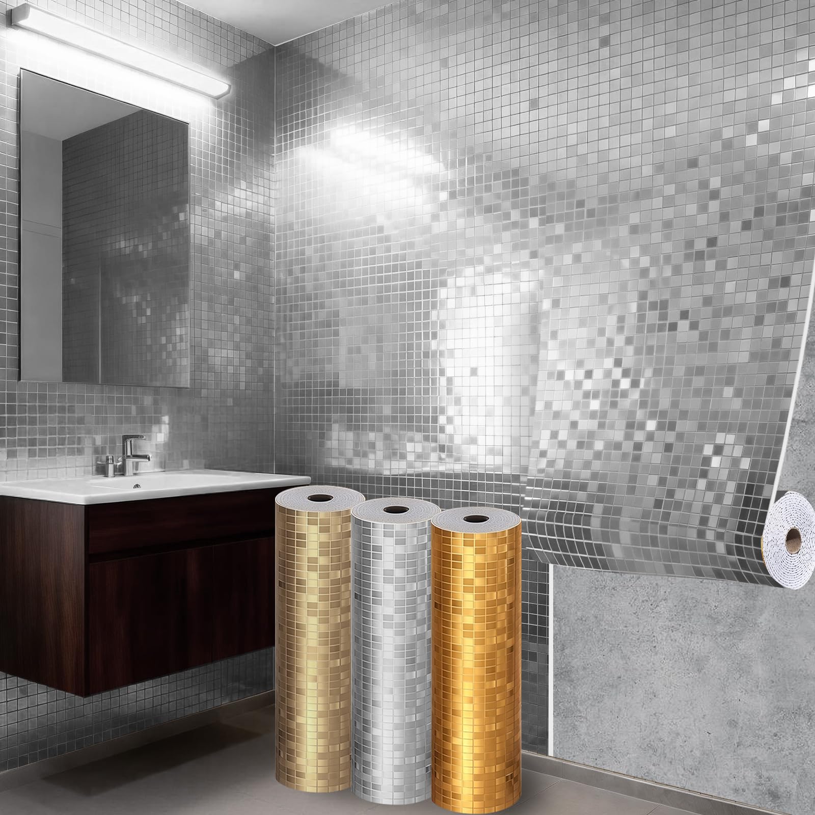 Takezuaa 5 Roll 3D Mosaic Self-Adhesive Wallpaper 40x300cm 2.2mm Thick PVC Waterproof Peel and Stick Wallpaper for Kitchen Bathroom Silver Luxury Mirror Reflective Texture for KTV Bar