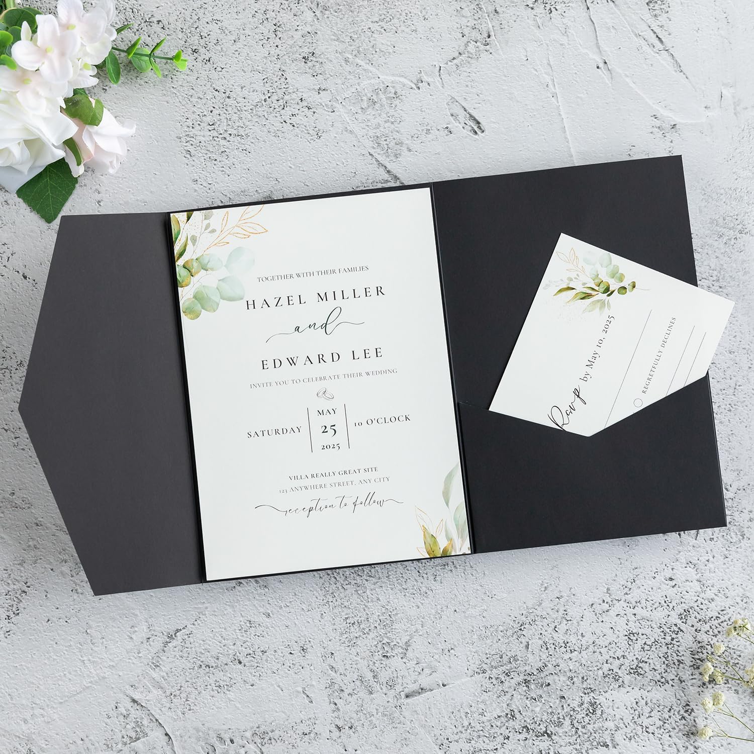 20 PCS Black Tri-fold Laser Cut Wedding Invitation Pockets for 5x7 Wedding Cards Bridal Shower Engagement Quinceanera Invitation