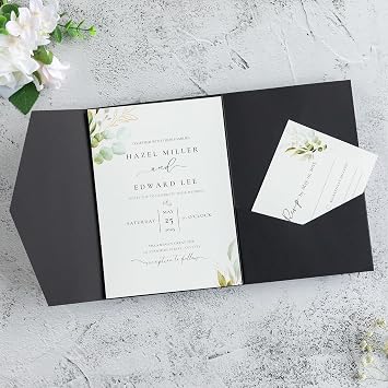 20Pcs Personalized Wedding Invitation Cards, Black Invitation Pockets With Customized inner sheets For Wedding Bridal Baby Shower XV Anos Quinceanera Invitation