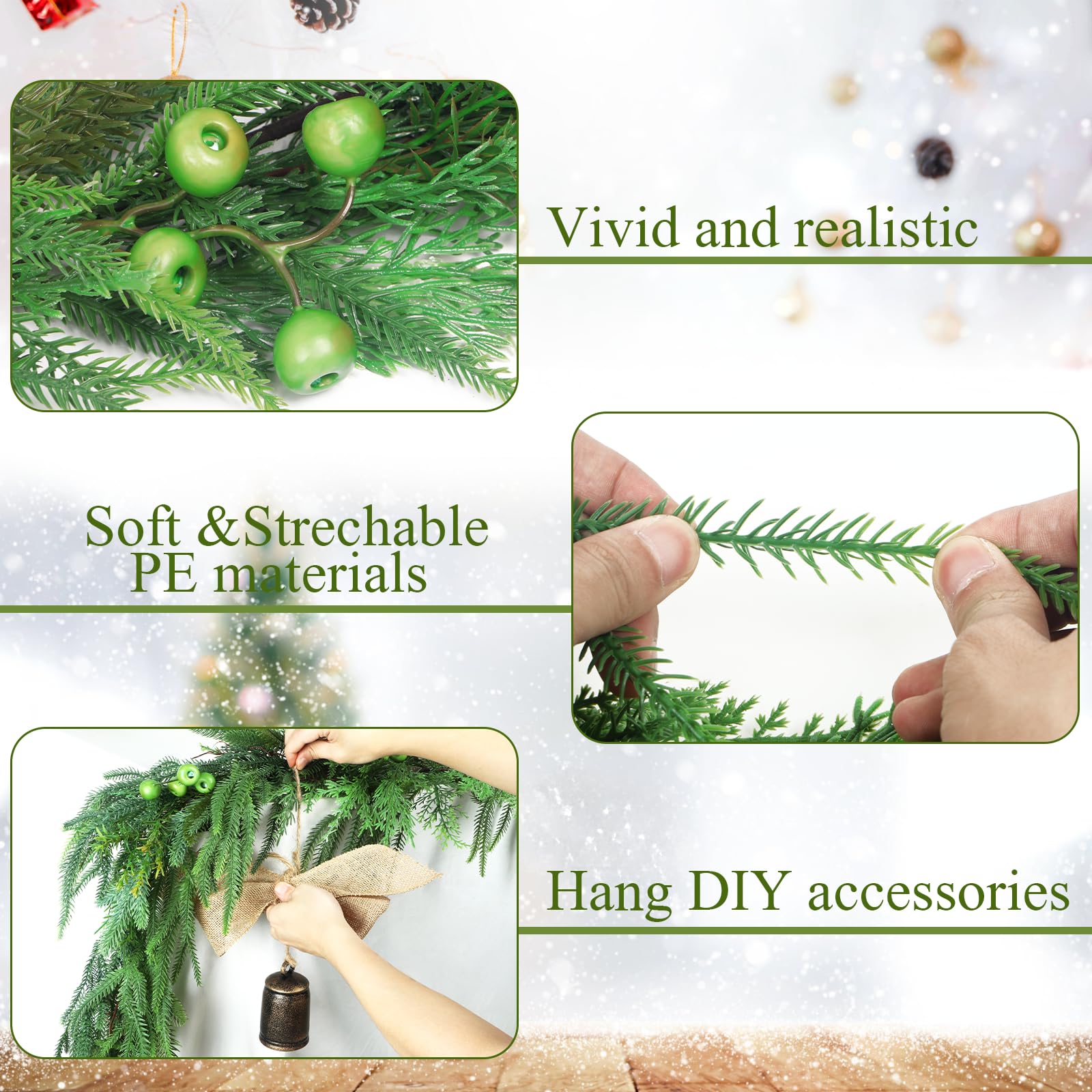 Norfolk Guirnalda de ciprés de Pino Artificial Suave con Bayas Verdes de 1,8 m, Guirnalda Verde al Tacto Real para Mesa, Chimenea, balaustrada de Escalera, Decoraciones navideñas