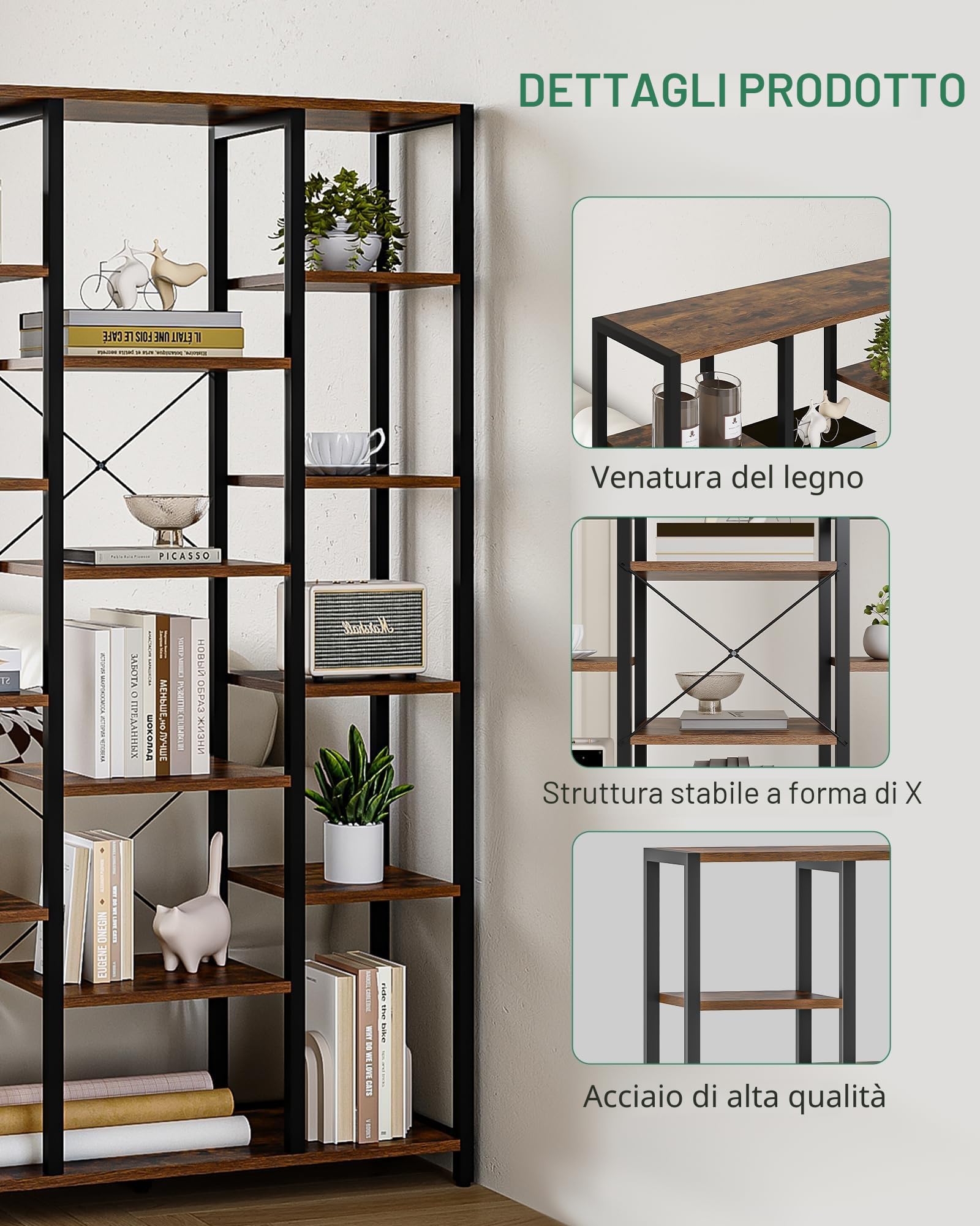 Hzuaneri Libreria, Scaffale a 6 livelli con 15 Ripiano, Grande scaffale regolabile, per soggiorno, ufficio, camera da letto, studio, 30 x 100 x 170 cm, Marrone Rustico e Nero, BC15001B