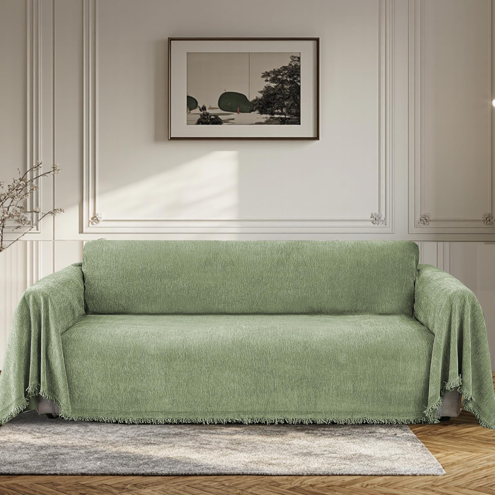Bellahills Green Sofa Cover 3 Seater Chenille Sofa Covers 2 Seater Armchair Covers L Shape Sofa Slipcover Non-Slip Couch Covers With Tassel Sofa Protector From Dogs, 180X340cm,