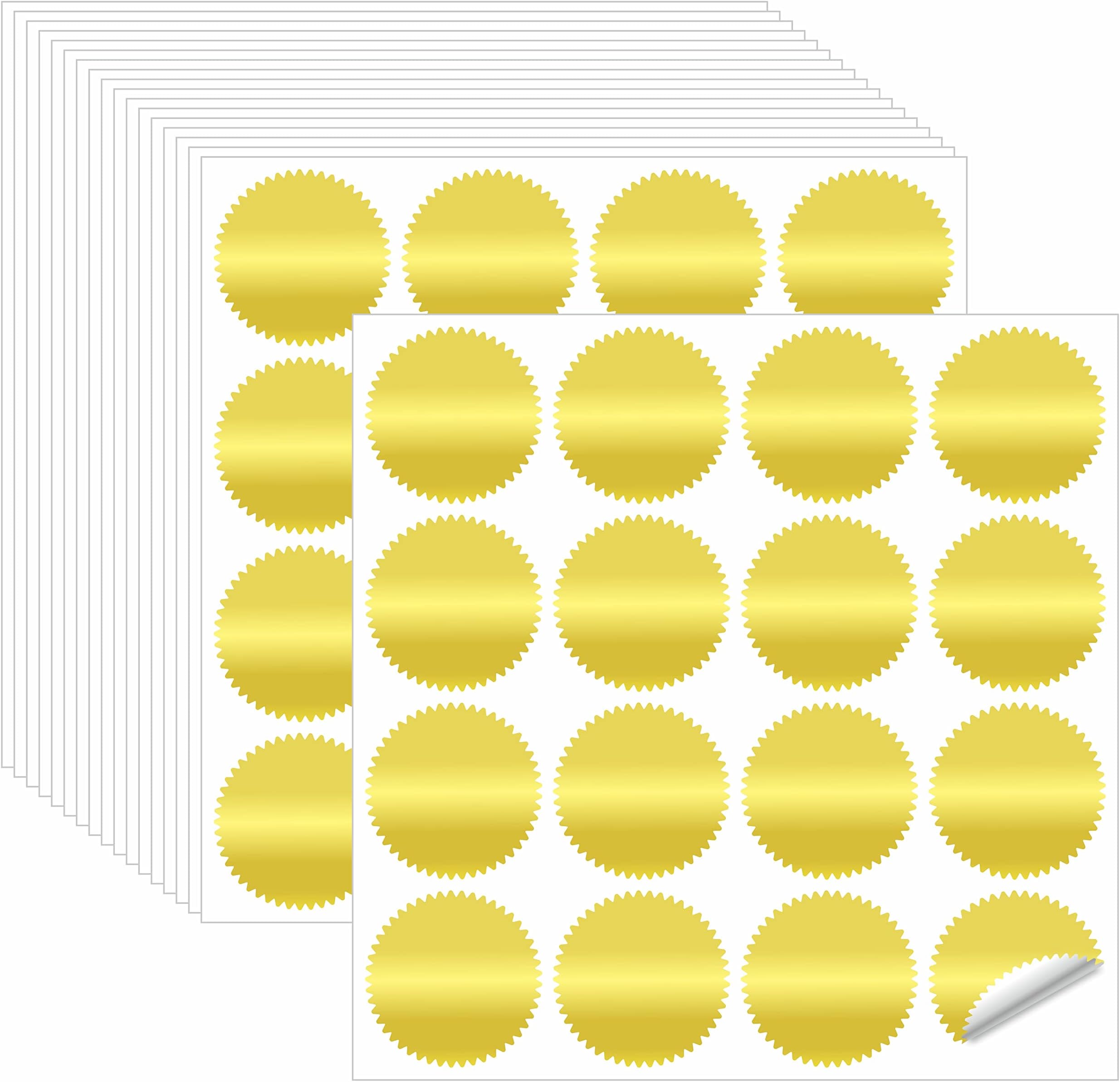 320 Round Gold Metallic Stickers, Gold Blank Embossed Stickers with Serrated Edge, Gold Foil Self Adhesive Wafer Stickers, Seal Labels for Envelopes, Certificates (2" Each)