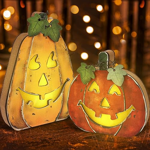 Miniatura 1 de Whaline 2 lámparas de calabaza de Halloween de madera Jack-O-Lantern Halloween divertidas luces decorativas de calabaza para interiores y
