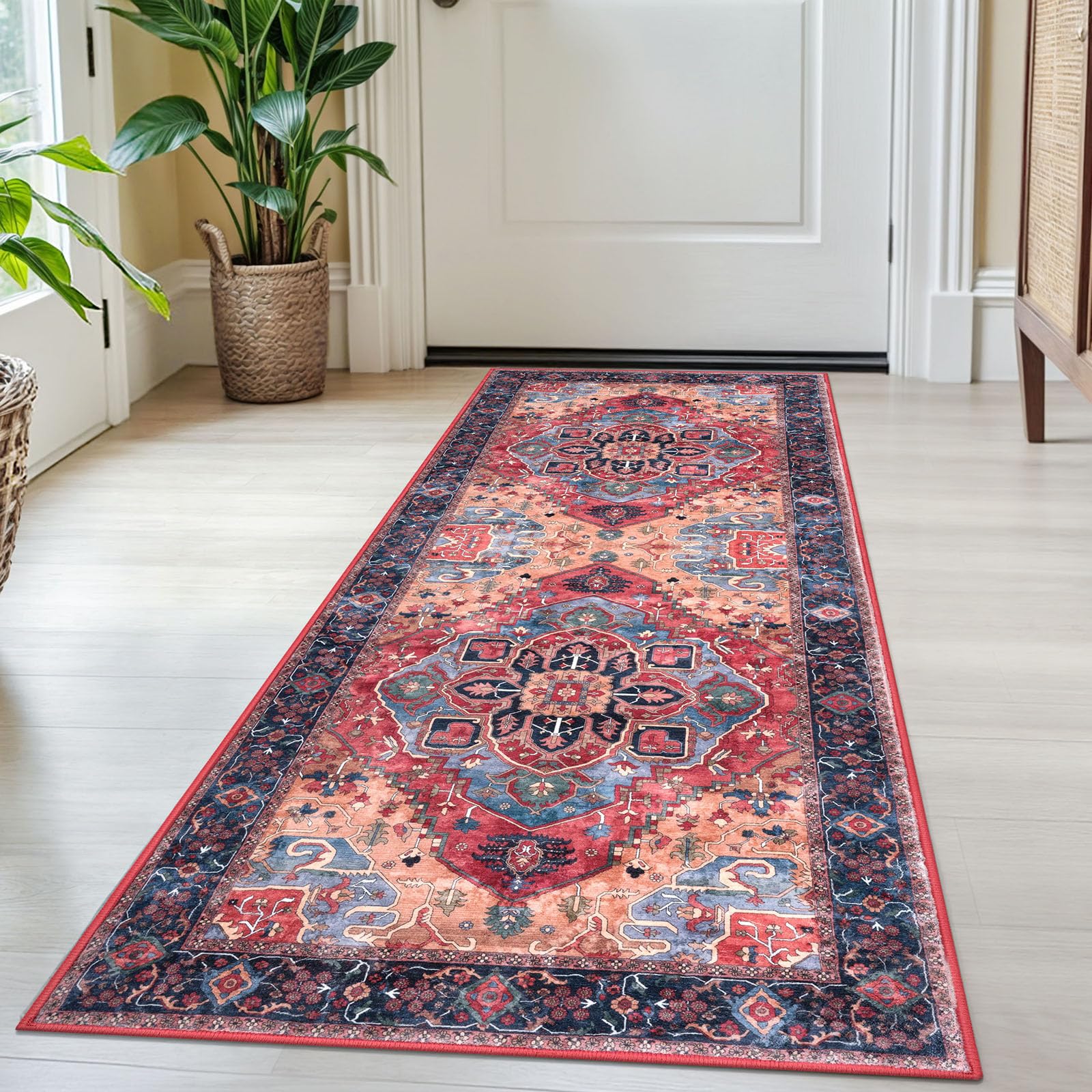 SIILOOM 2x5 Vintage Washable Rug Red Small Area Rug for Entryway, Soft Non-Slip Indoor Door Mat Boho Low-Pile Kitchen Rugs, Floor Vintage Carpet for