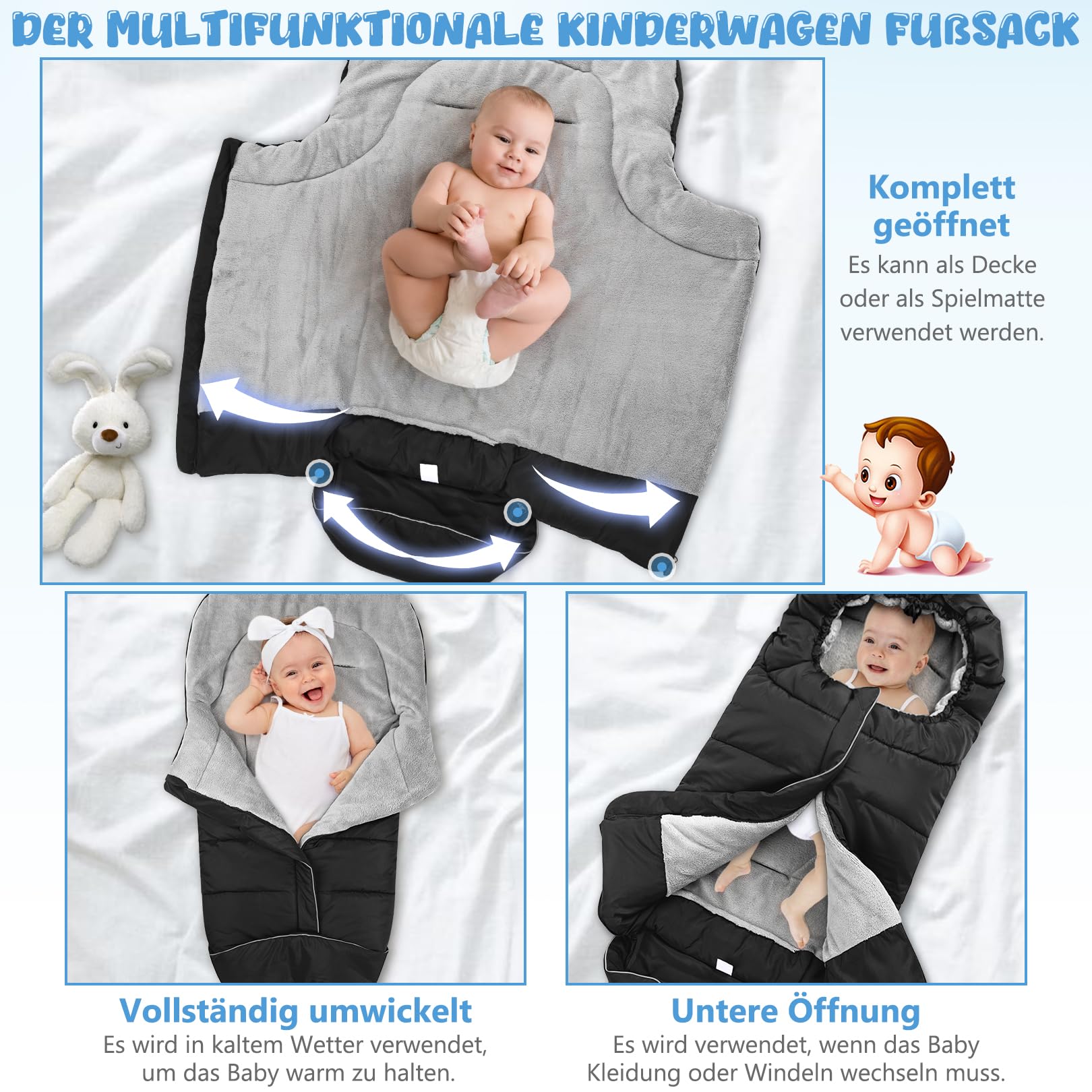 Coprigambe universale per passeggino, con cappuccio con coulisse, caldo e morbido, con fodera in pile corallo, si adatta alla maggior parte dei passeggini e passeggini, coprigambe (nero)