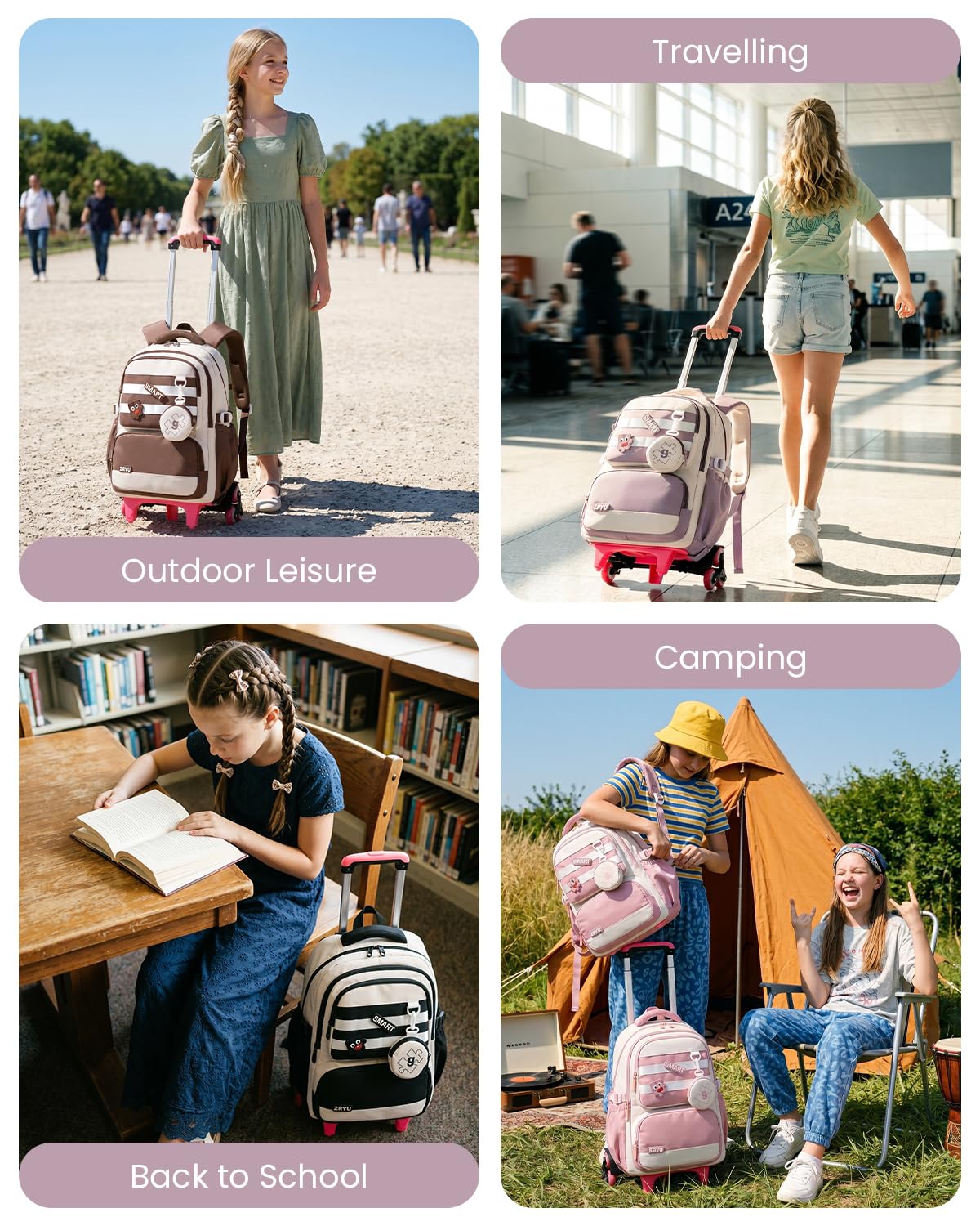 Amythe Cartable à Roulettes Fille – 6 Roues Amovible, 9-16 Ans, Violet