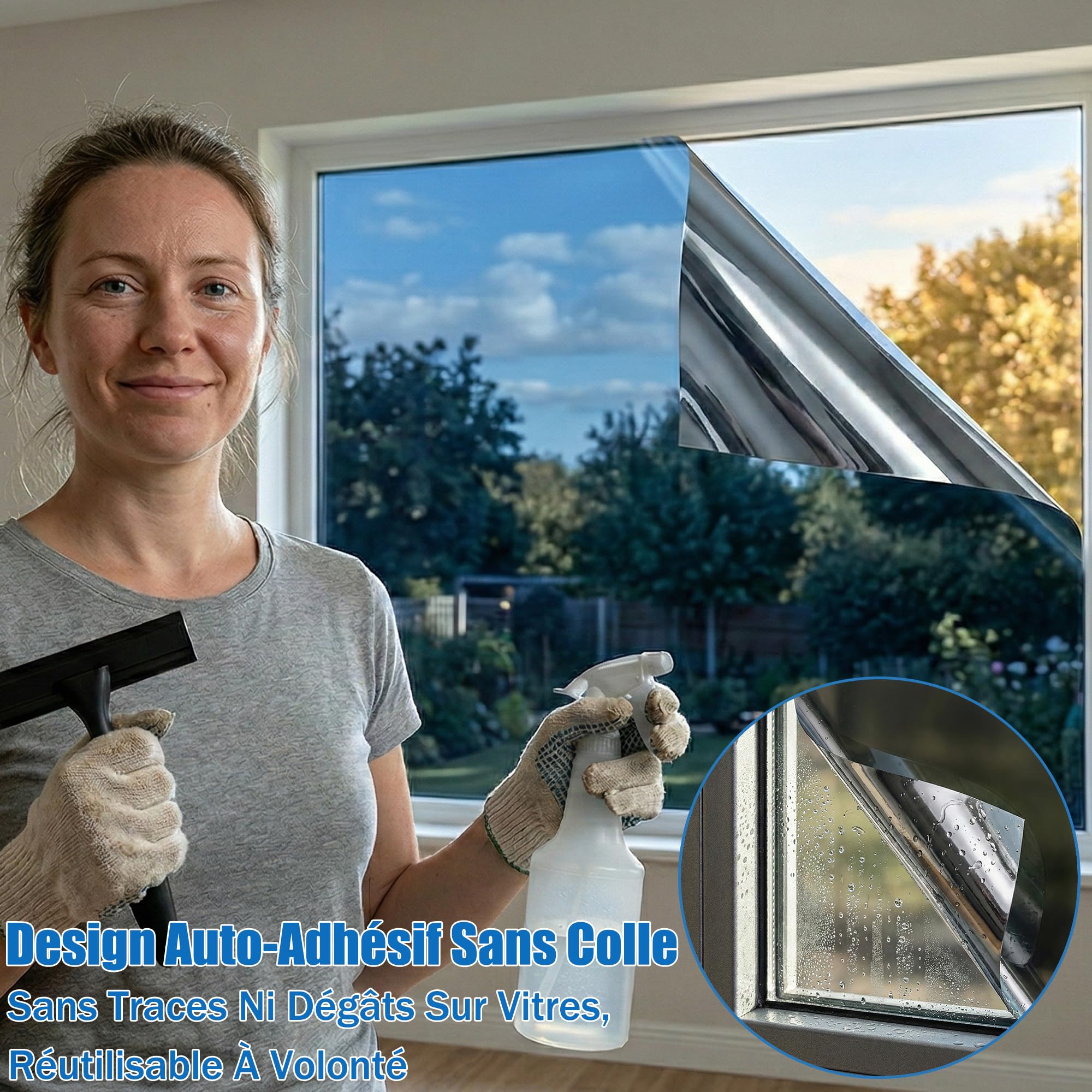 Film Miroir Fenêtre sans- Anti Chaleur & Anti UV - Film Solaire Électrostatique avec Kit de Pose Complet