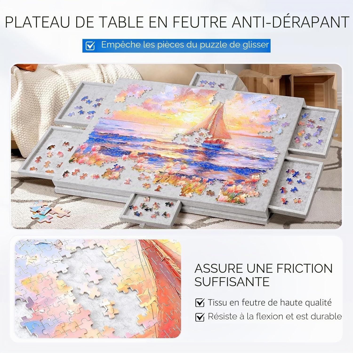 Table Puzzle 1000 Pièces avec Support et Housse 2 en 1 - Inclinable Plateau Puzzle en Feutre Super Léger avec 6 Tiroirs - Portable Puzzles Board Idéal pour Adultes et Enfants (Gris Clair)