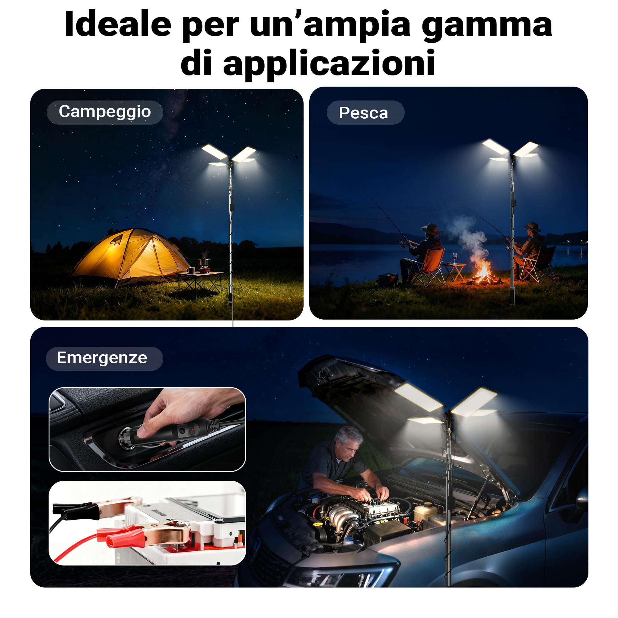 Wiltec Lampada da campeggio LED V2, estensibile 12V per illuminazione outdoor