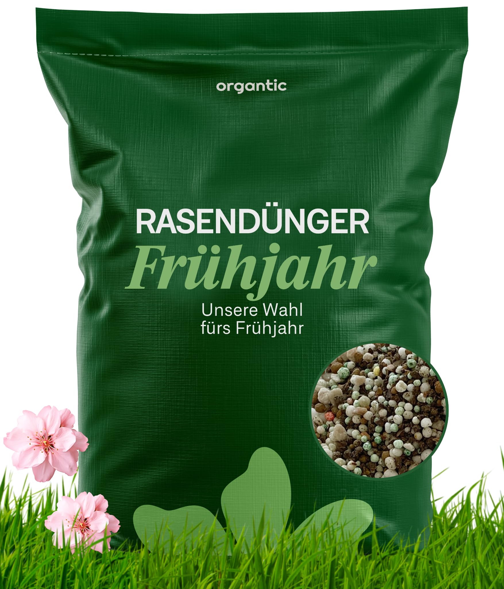 Organtic Rasendünger Frühjahr 20kg, Dünger verdrängt Moos, Ideal für Frühjahr und Sommer, geeignet für Streuwagen, staubarmes Granulat, Rasendünger, organtic