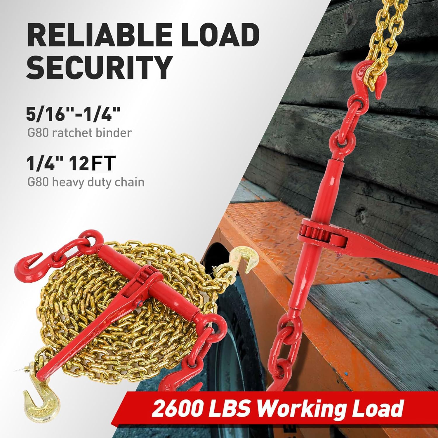 Ratchet Chain Binder 2PCS,1/4"-5/16"Heavy Duty Load Binders with G80 Chains 1/4"X12FT 3150lbs Secure Load Limit,Tie Down Hauling Chain Binders for Flatbed Truck Trailer
