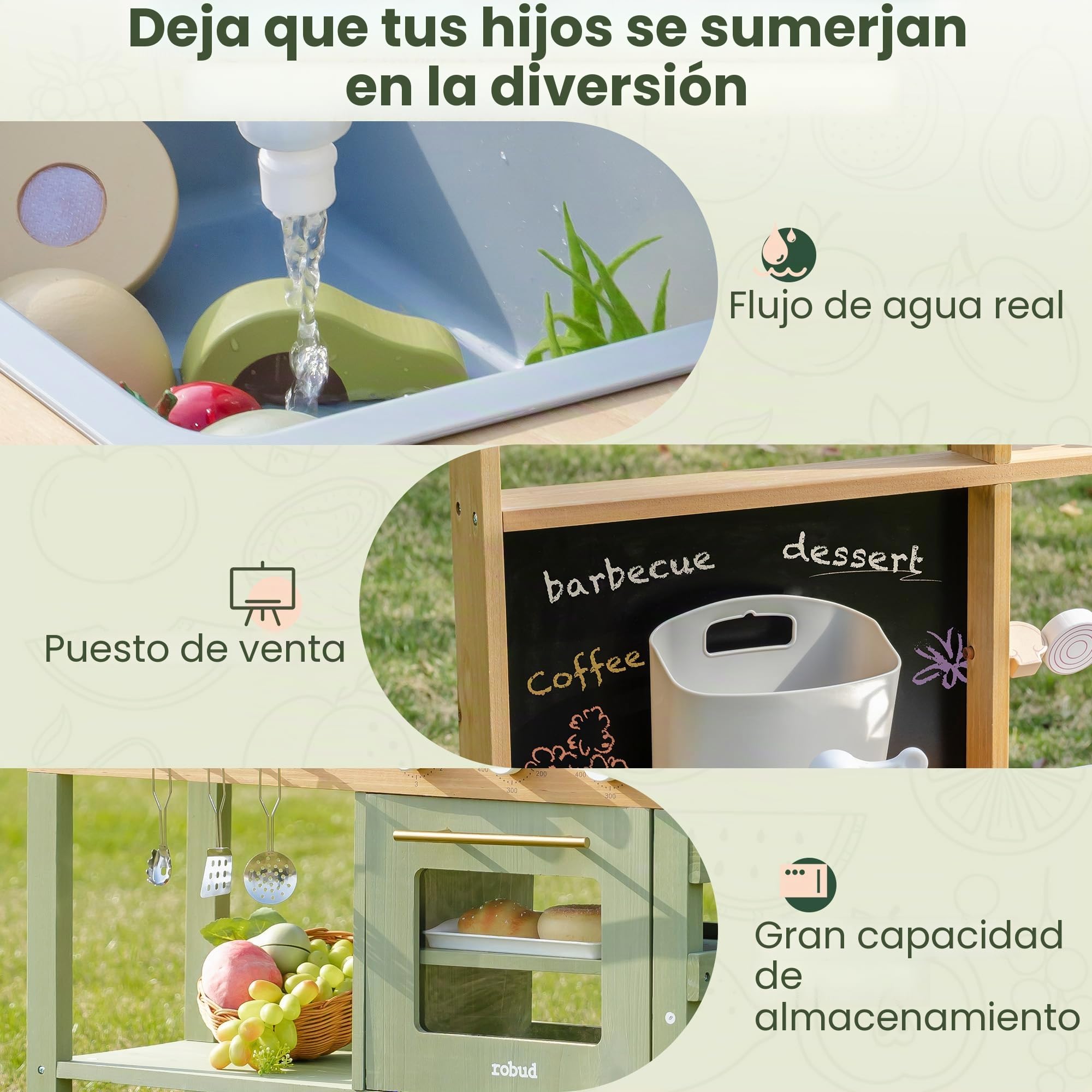 ROBUD Cocina de Madera para Niños, Cocina de Juguete con Fregadero Extraíble, Pizarra, Horno, Tazas para Café y Plantas, Juguete para Exterior para Barbacoas, Regalo para Niños y Niñas de 3+