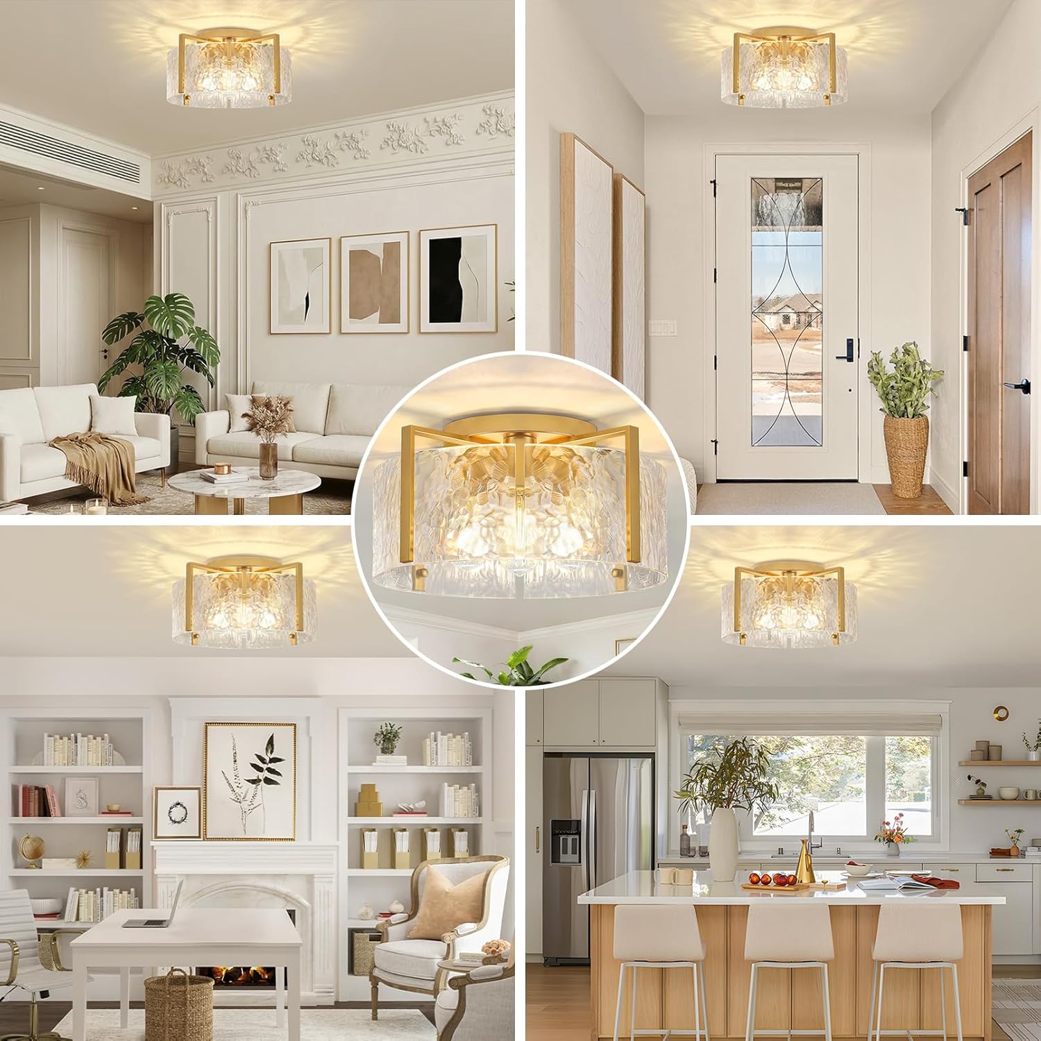 16'' Modern Gold Semi Flush Mount Ceiling Light, 4-Light Glass Drum Light Fixtures, Ceiling Lights for Hallway Entryway Bedroom Kitchen Canteen Bedroom Laundry Room Lighting Fixture Bulbs not Included Gold 16"