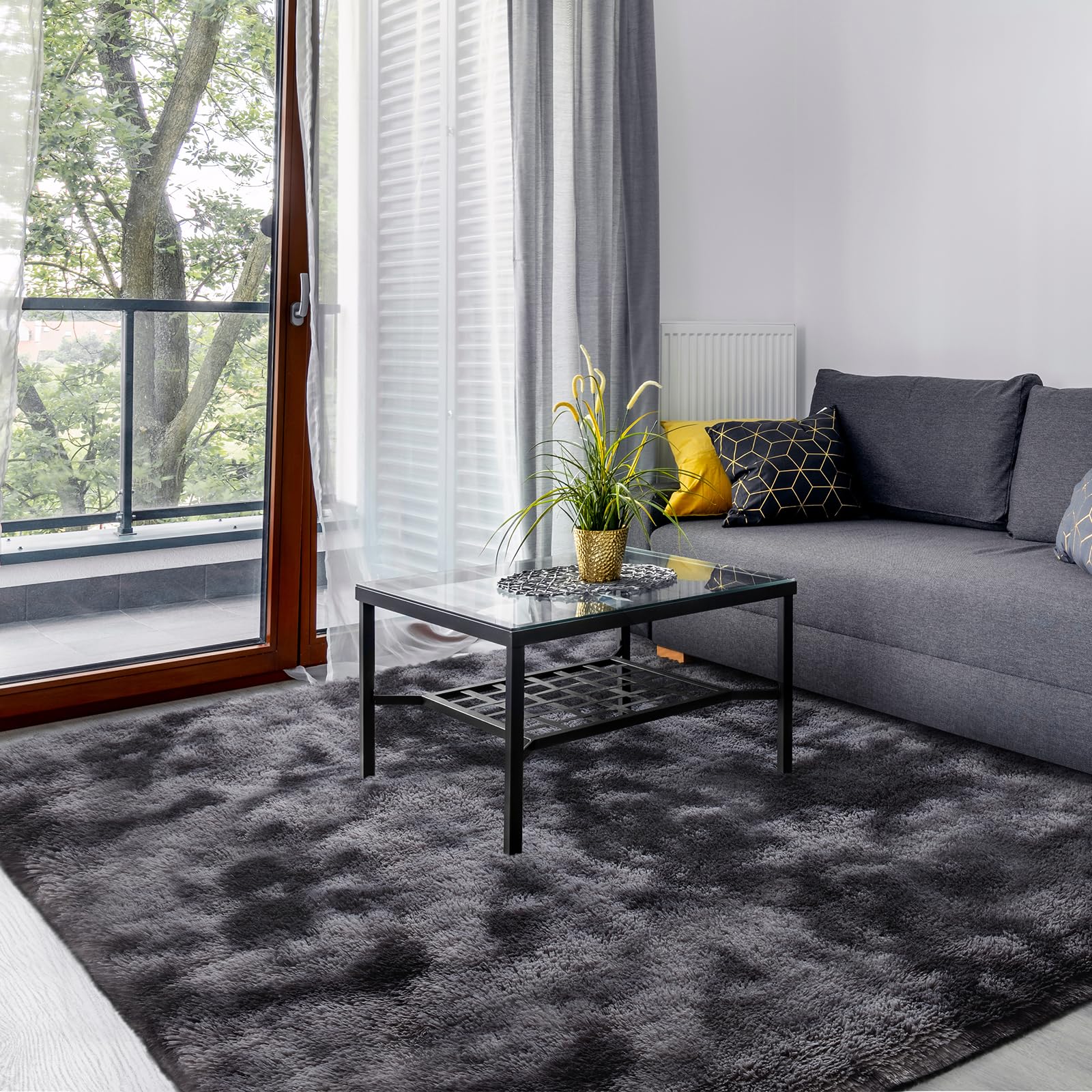 Living Room Area Rug, Dark Grey Small Soft Fluffy Tie-Dyed Shag Carpet, Non-Slip Washable Rug for Bedroom, Dorm, Kids Room, Lounge, 90x150 cm