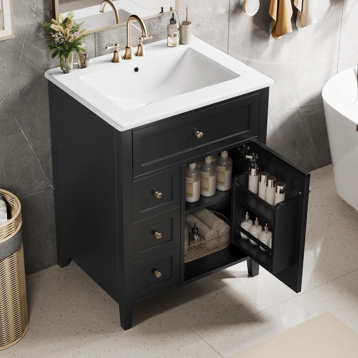 Bellemave 24" Bathroom Vanity with Sink Combo, Solid Wood Storage Cabinet with 3 Drawers and a Tip-Out Drawer, Adjustable Shelves, Soft Close Door with Built-in Organizer, Black