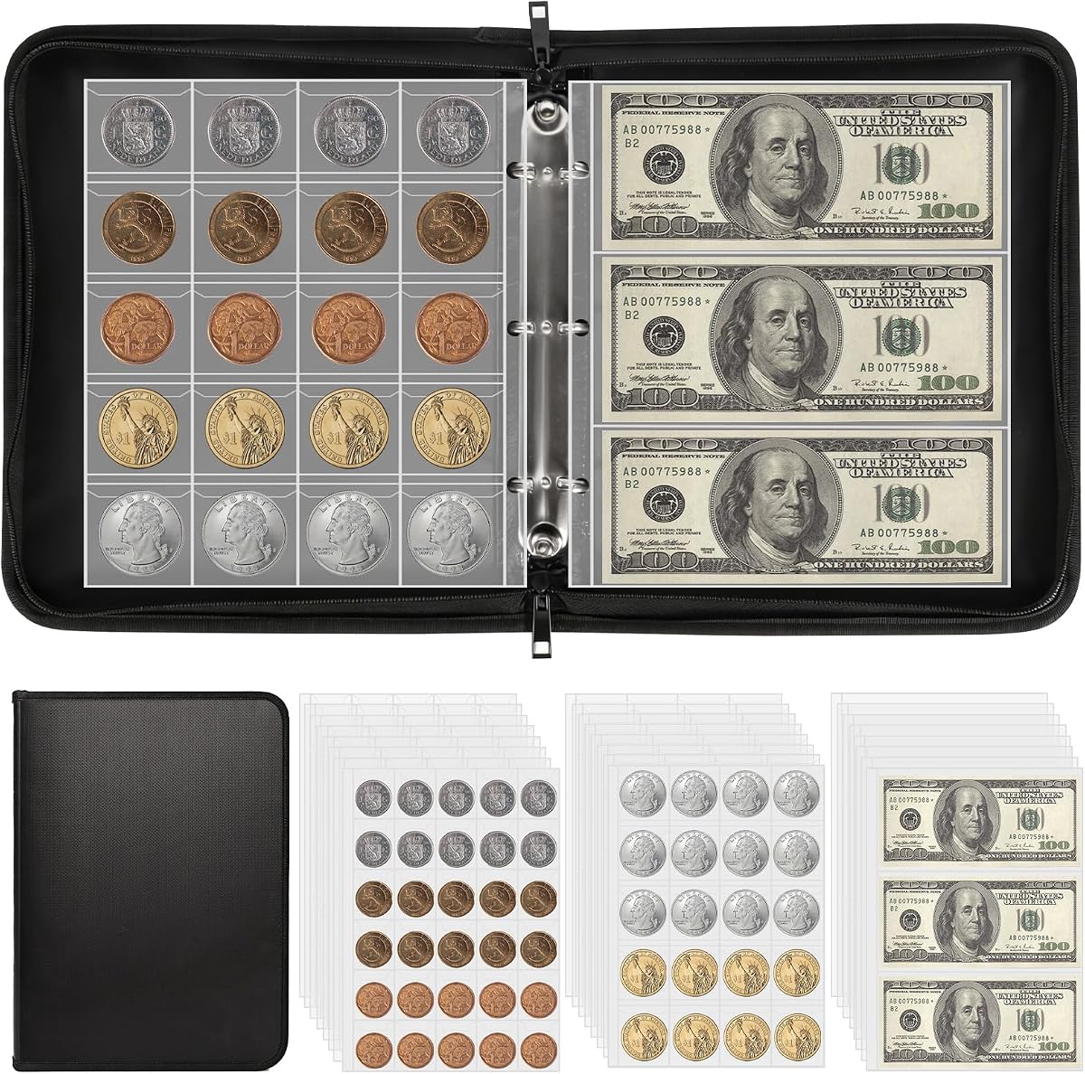 Fireproof Coin Collection Book for Collectors, 400 Pockets Coin Collecting Album & 36 Money Sleeves, Coin Binder Storage Organizer for Pennies, Quarters, Bills, Tokens, Badges and Stamps