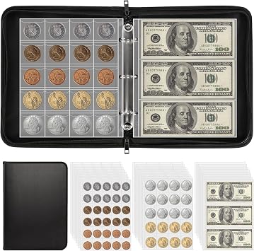 Fireproof Coin Collection Book for Collectors, 400 Pockets Coin Collecting Album & 36 Money Sleeves, Coin Binder Storage Organizer for Pennies, Quarters, Bills, Tokens, Badges and Stamps