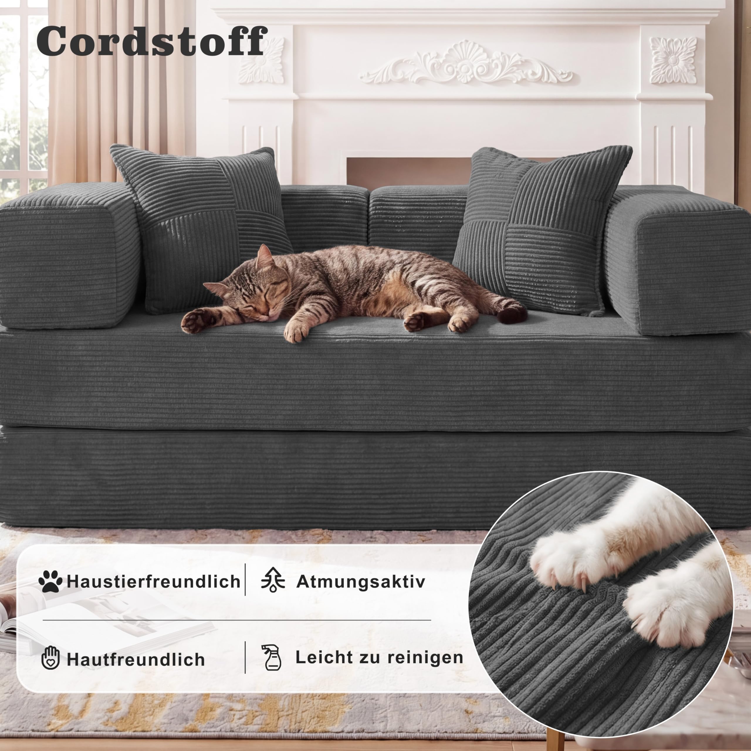 Vipbear Divano letto velluto a coste 160×90×70 cm, divano a pavimento trasformabile 5-in-1, schiuma ad alta densità, pet-friendly ed ergonomico, senza montaggio, Grigio