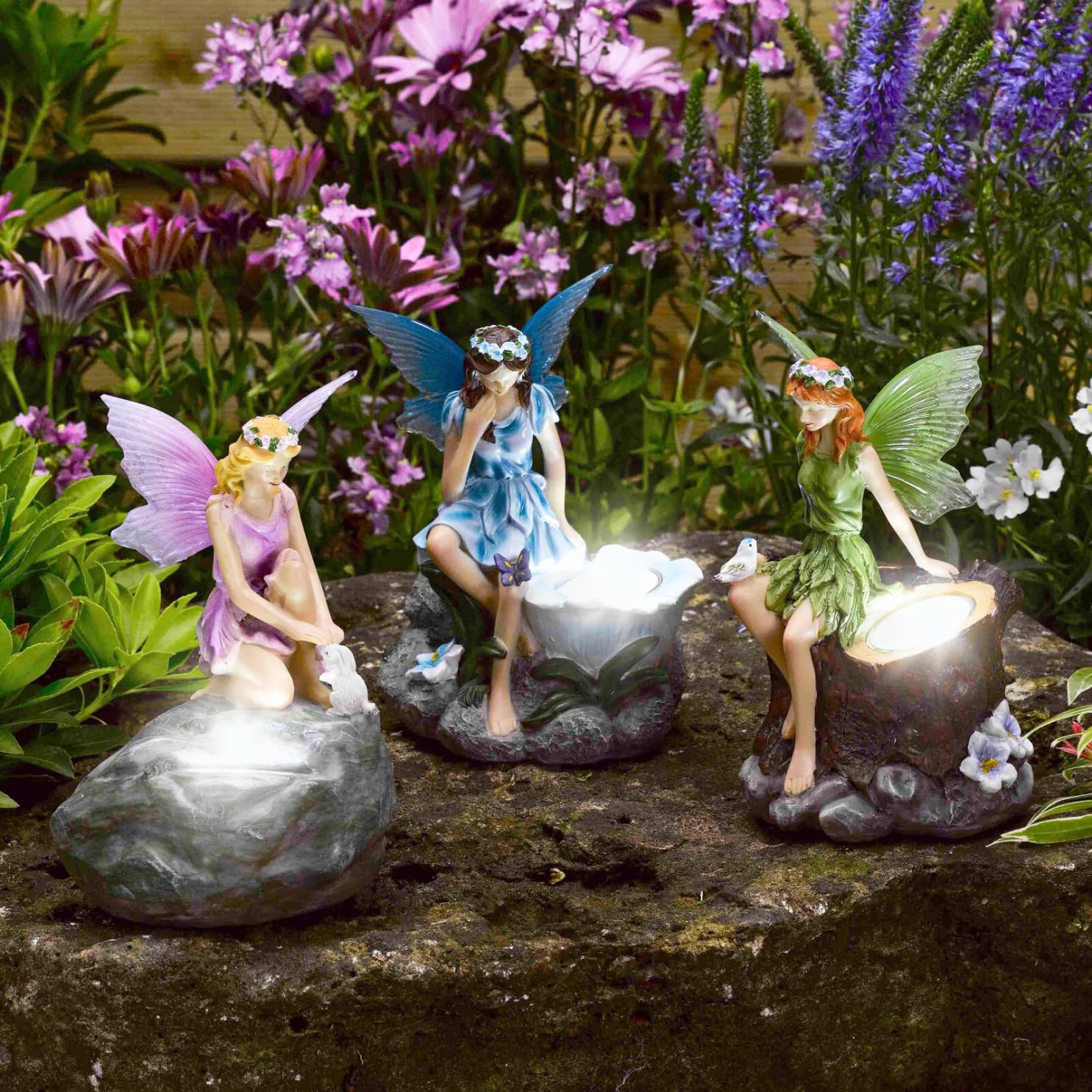 Garden Mile Set di 3 statue fatate da giardino a energia solare, con faretti a energia solare, impermeabili, a LED, per giardino, vialetto, prato, patio