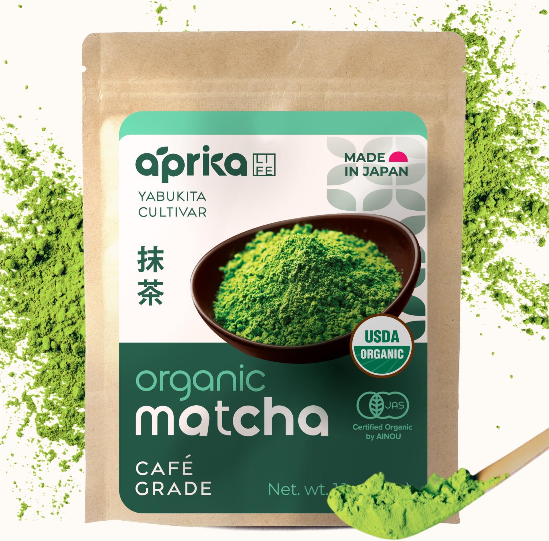 AprikaLife Matcha Powder from Japan, USDA and JAS Organic Matcha Green Tea Powder, No Sugar Added, Perfect for Matcha Latte, Japanese Green Tea - Premium Cafe Grade - 1 oz/ 30g