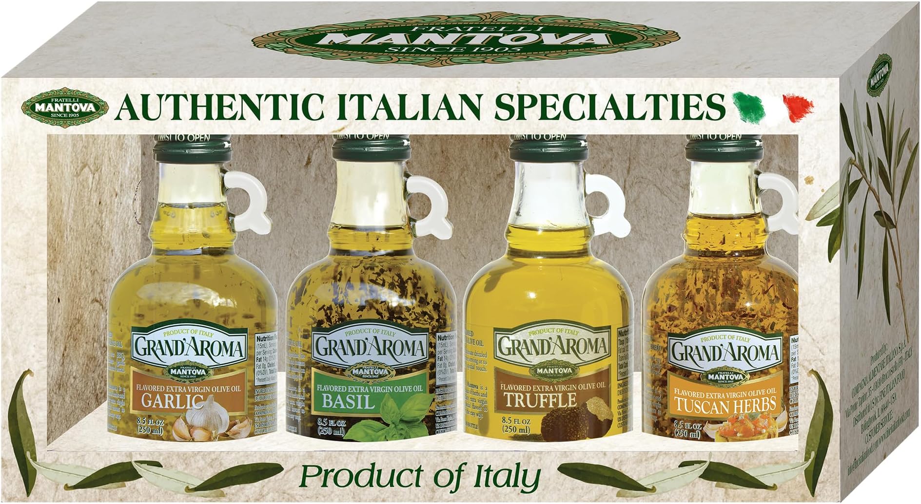Mantova Grand’Aroma Flavored Extra Virgin Olive Oils, Variety Gift Set, made in Italy, cold-pressed, 100% natural, heart-healthy, for grilling, barbequing, smoking, and cooking, 8.5 oz