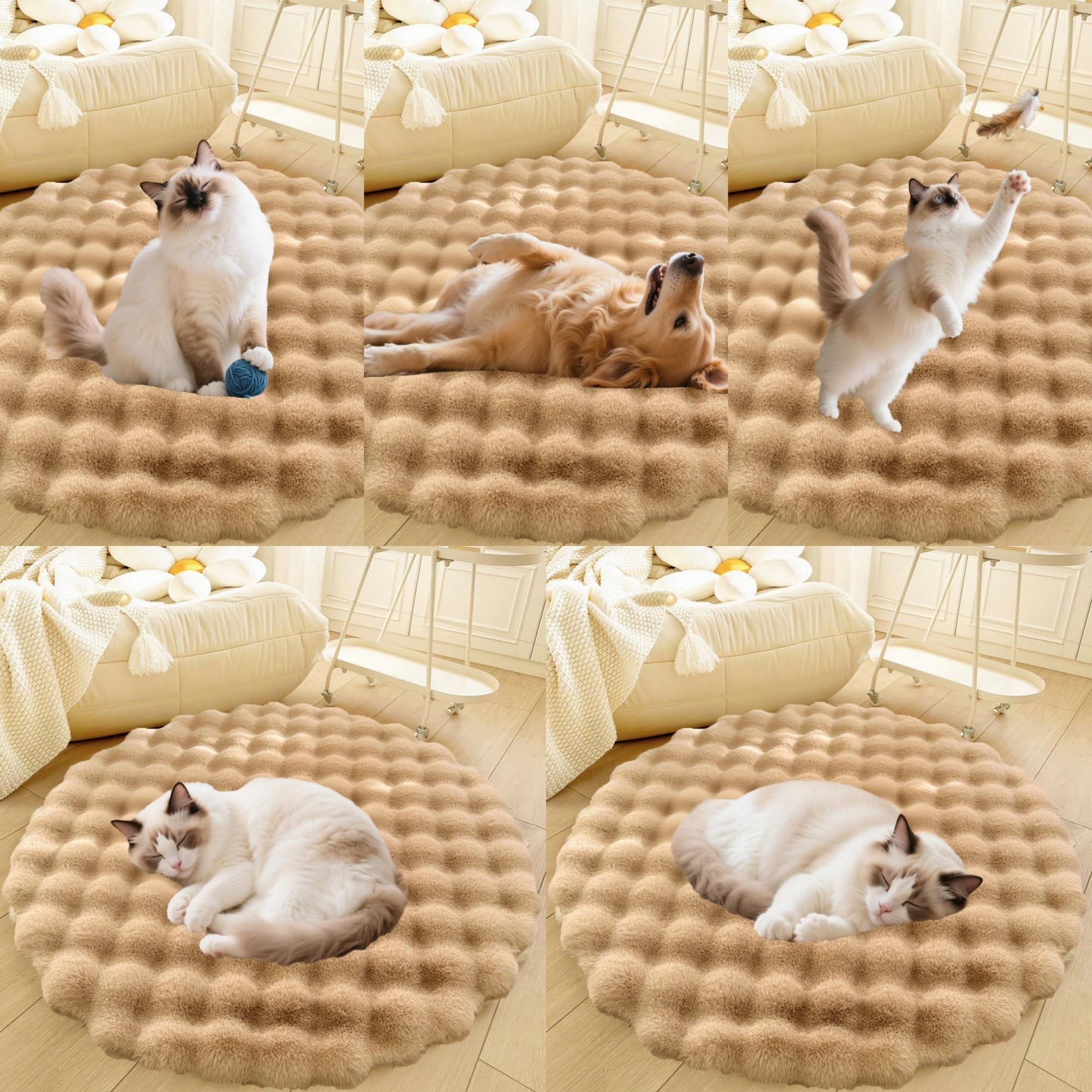 Divano per Cani E Gatti Con Fondo Antiscivolo, Tappeto Rotondo Lavabile, Moderno Letto A Pelo Lungo Da Posizionare Accanto Al Pavimento, Tappetino per Soggiorno(Brown,43in)