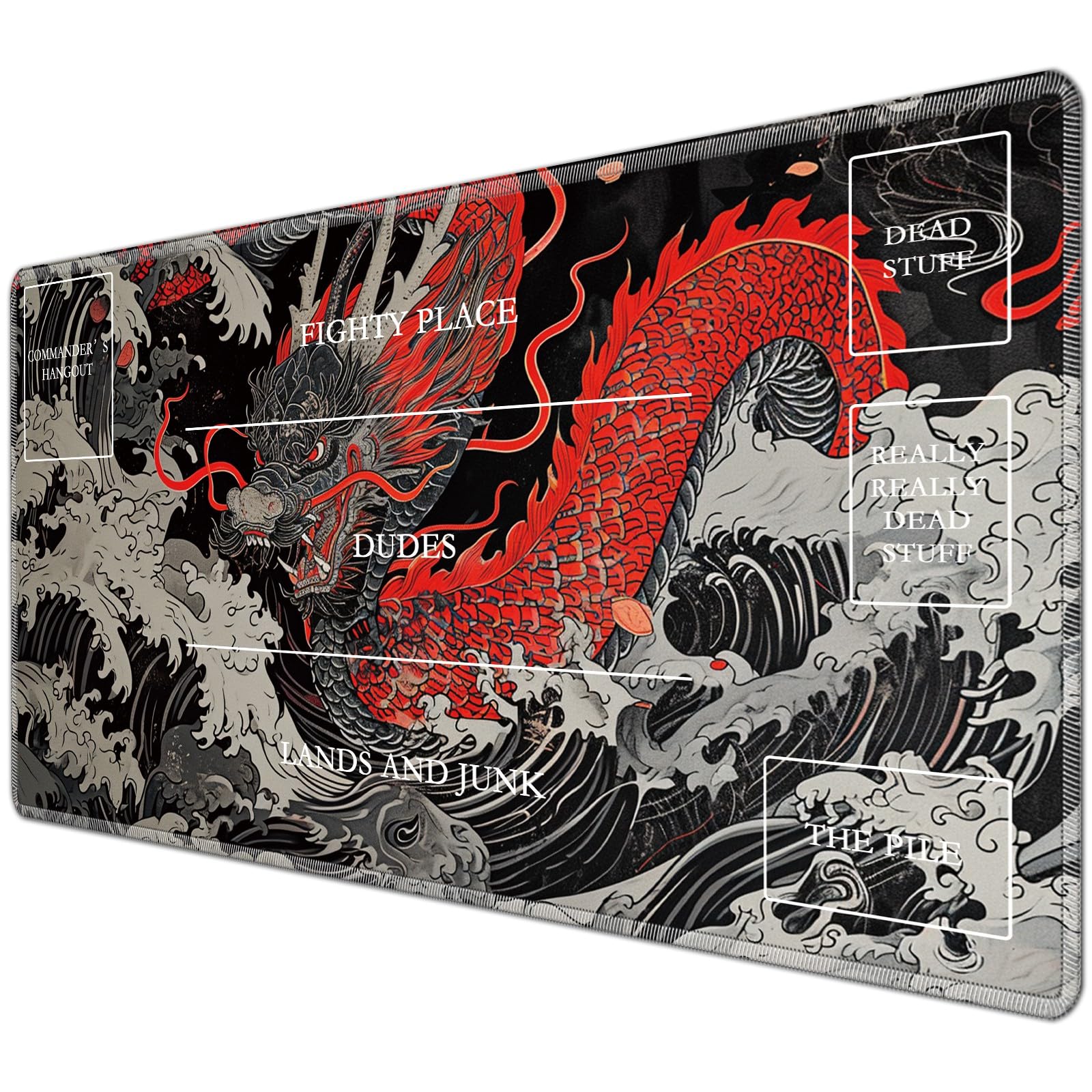JANENFNA TCG Playmat with Magic Zones 24 x 14 inches Mousepad Compatible for MTG TCG Trading Card Game Play Mats Smooth Rubber Surface Magic The Gathering Play Mat, Red Dragon Wave
