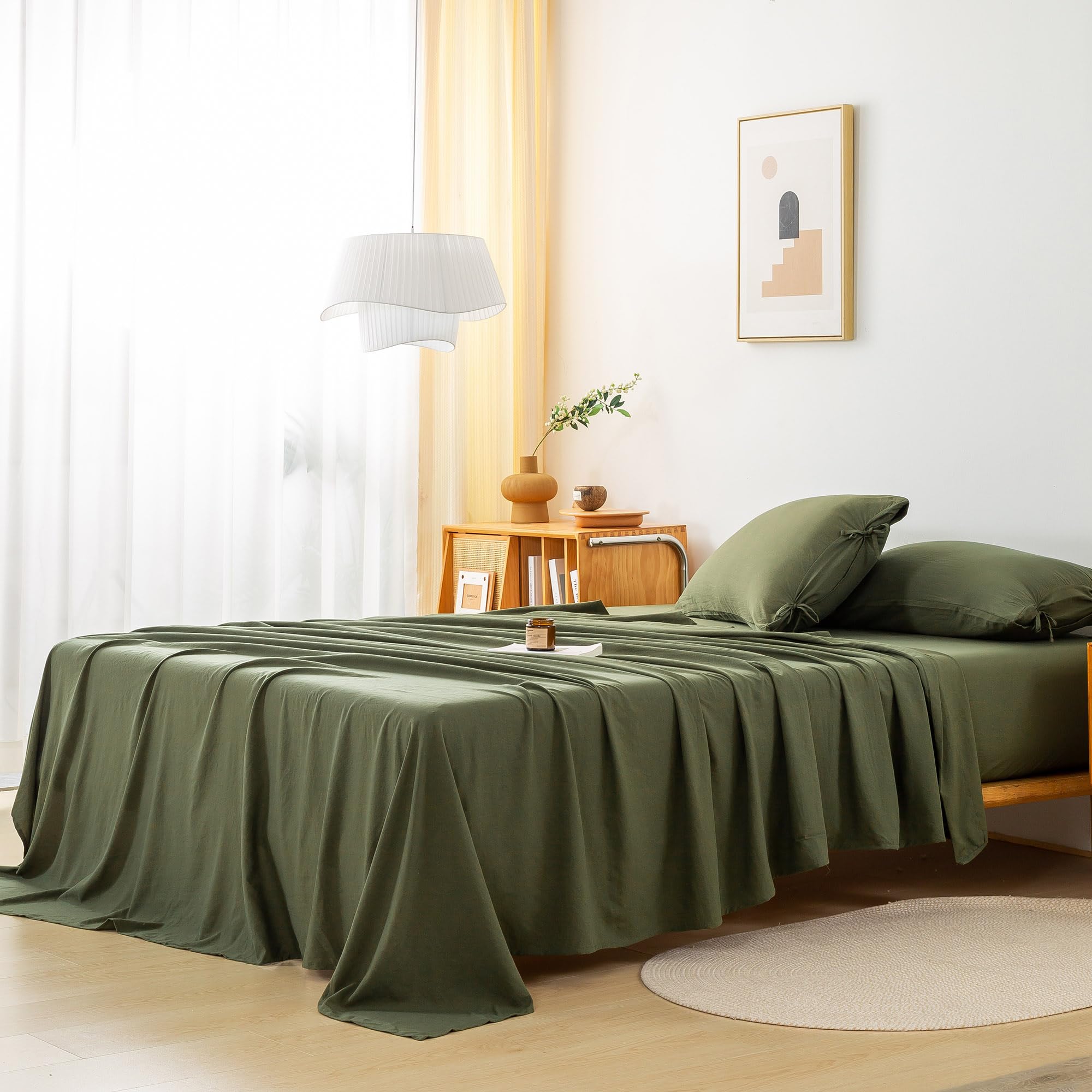 COTTEBED Olive Green Boho Full Size Bed Sheet Set - Softness Percale Vintage Washed Polycotton Solid Bedding Set, Breathable Cool Full Fitted with Deep Pocket to 16