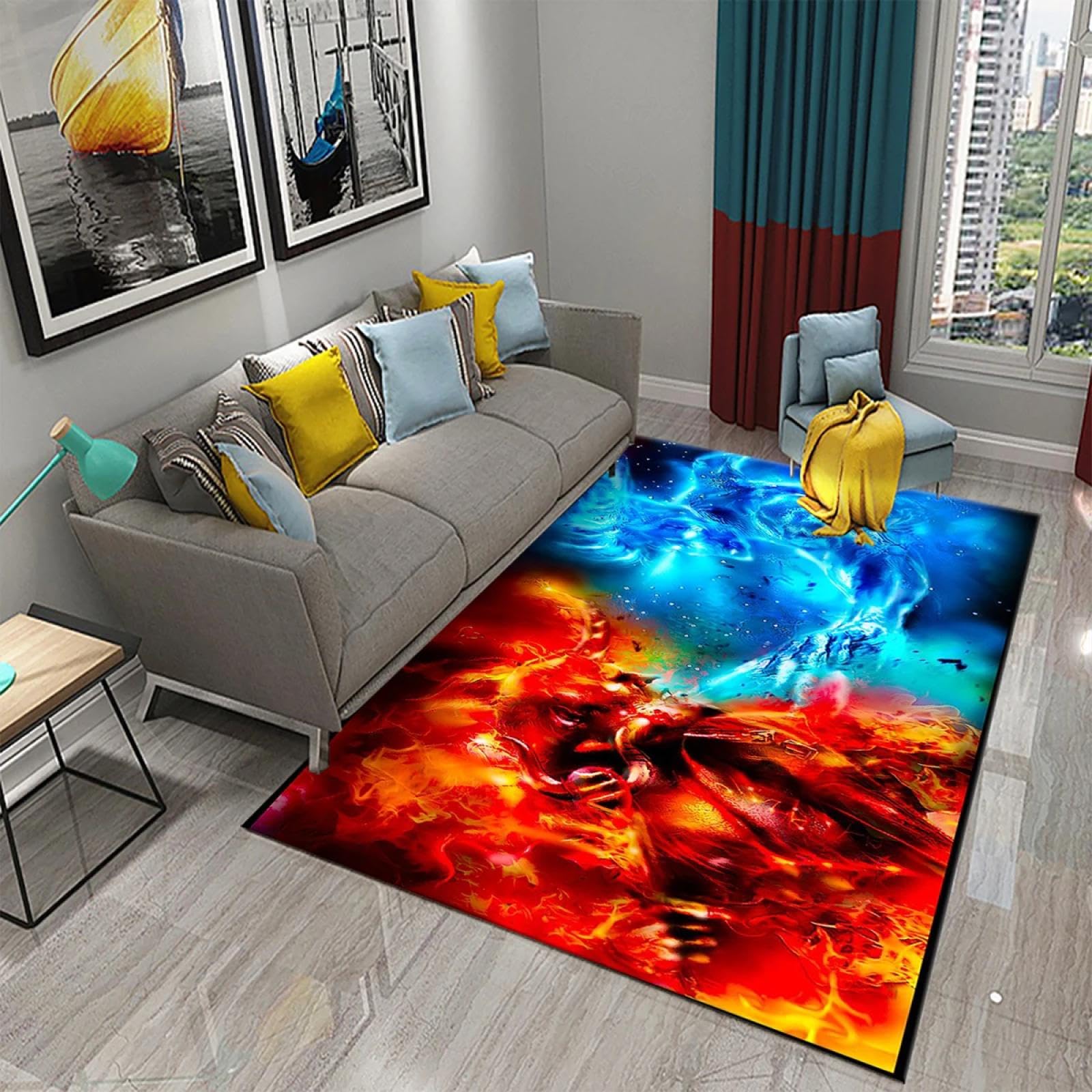 Tapis de salon Glace et Feu antidérapant pour chambre et salle de jeux