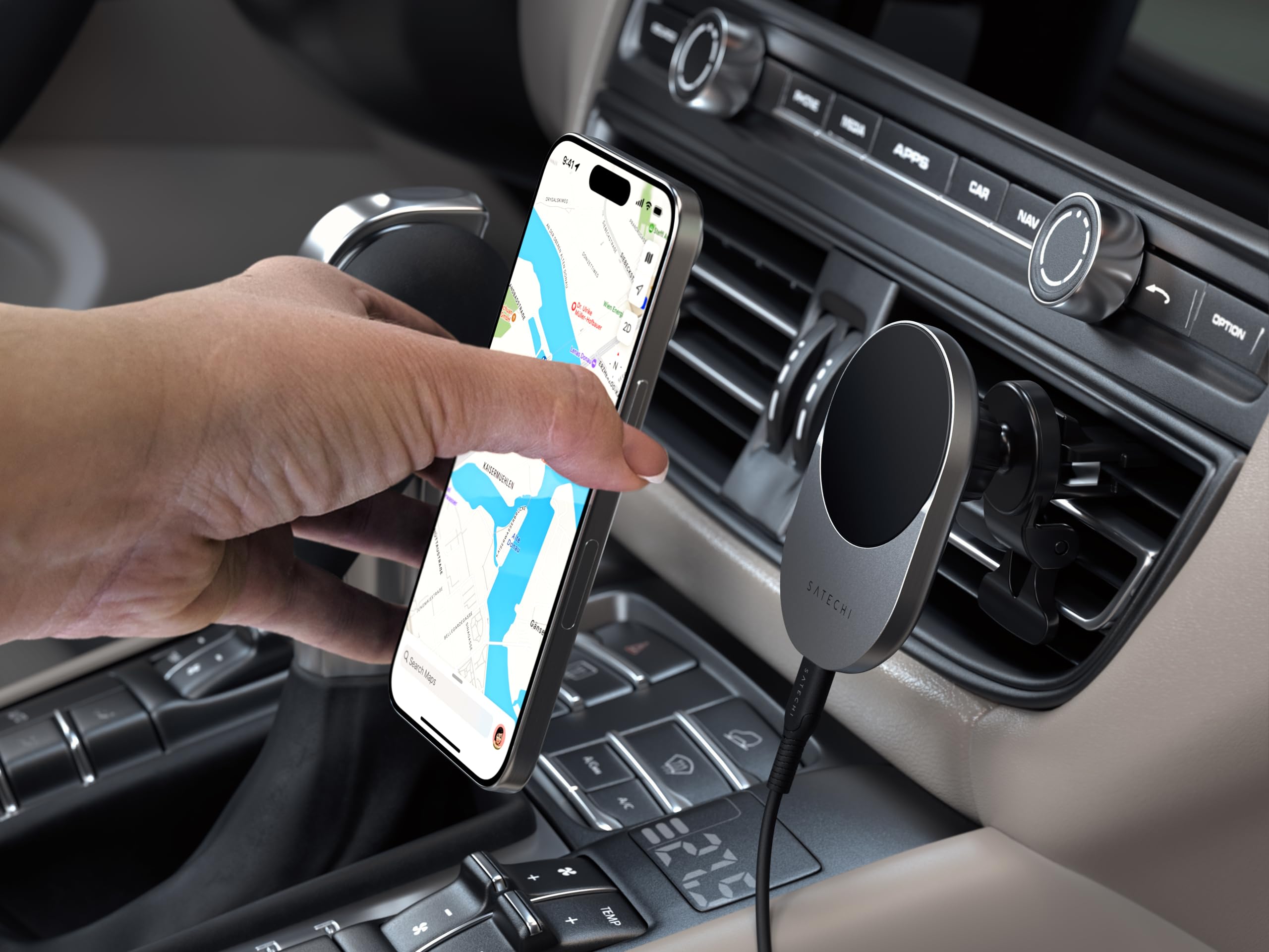 SATECHI Bezprzewodowa Ładowarka Samochodowa Qi2, Magnetyczny Uchwyt na Kratkę Wentylacyjną Do Smartfonów, Szybkie Ładowanie 15 W, Kompatybilna Ze Wszystkimi Modelami iPhone 17, 16, 15 I 12