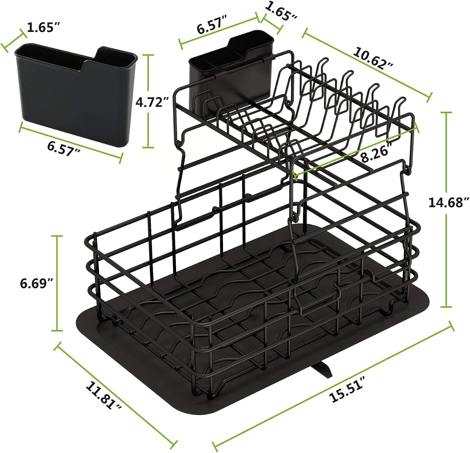 1Easylife Dish Drying Rack, 2-Tier Dish Drainer for Kitchen Rustproof Dish Rack and Drainboard Set with Removable Utensil Holder and Adjustable Swivel Spout, Countertop Dry Rack (Black)