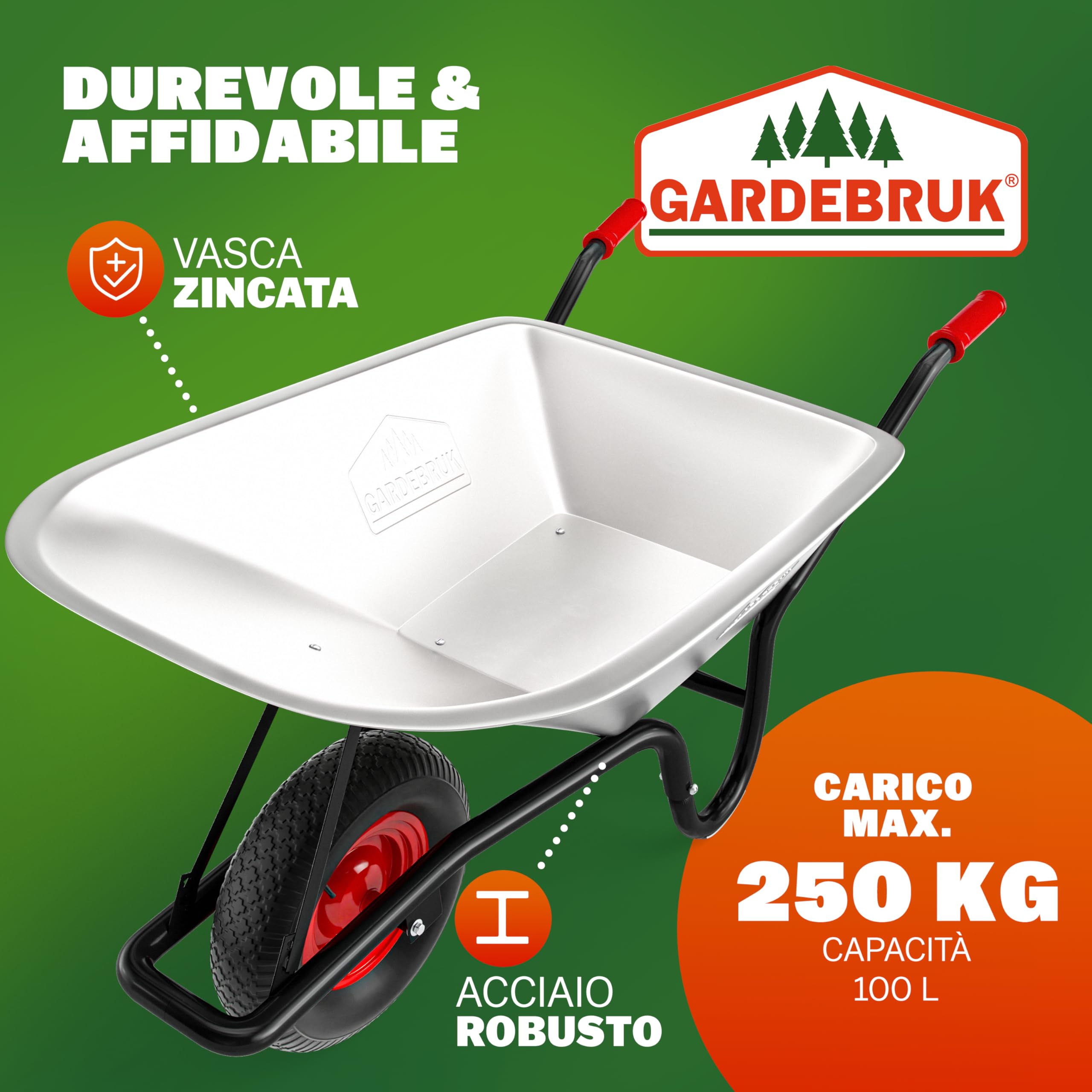 Gardebruk Carriola da Giardino 100 Litri 250kg Acciaio Zincato Manici Gommati Ergonomici Carriole per Fiori Carriola da Costruzione Trasporto Legna
