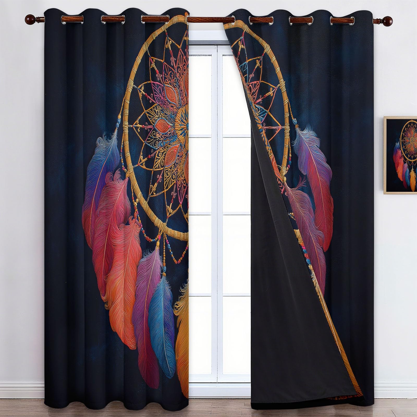 Generisch Surrealismus Traumfänger Vorhang Blickdicht Abdunkelnd Ösenvorhang, Schwarz Kinderzimmer Thermovorhang Kälteschutz Gardine Verdunklungsvorhänge 2er Set H229 x B117 cm