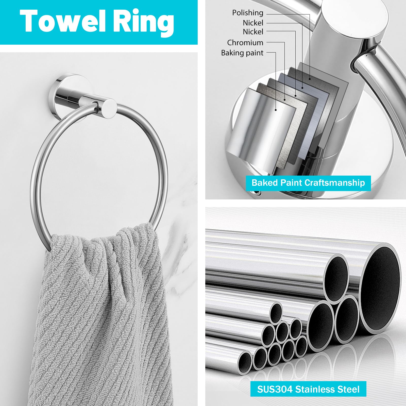Set di accessori da bagno cromati, 6 pezzi porta asciugamani include barra portasciugamani da 19,68/59,9 cm, porta carta igienica, anello per asciugamani e gancio per asciugamani da parete set di