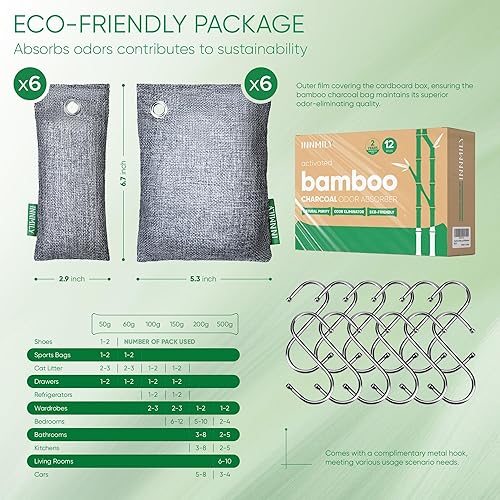 Vista 11 de Absorbedor de olores de carbón activado, paquete de 8 con ganchos, eliminador de olores naturales para olores fuertes, bolsas purificadoras de aire