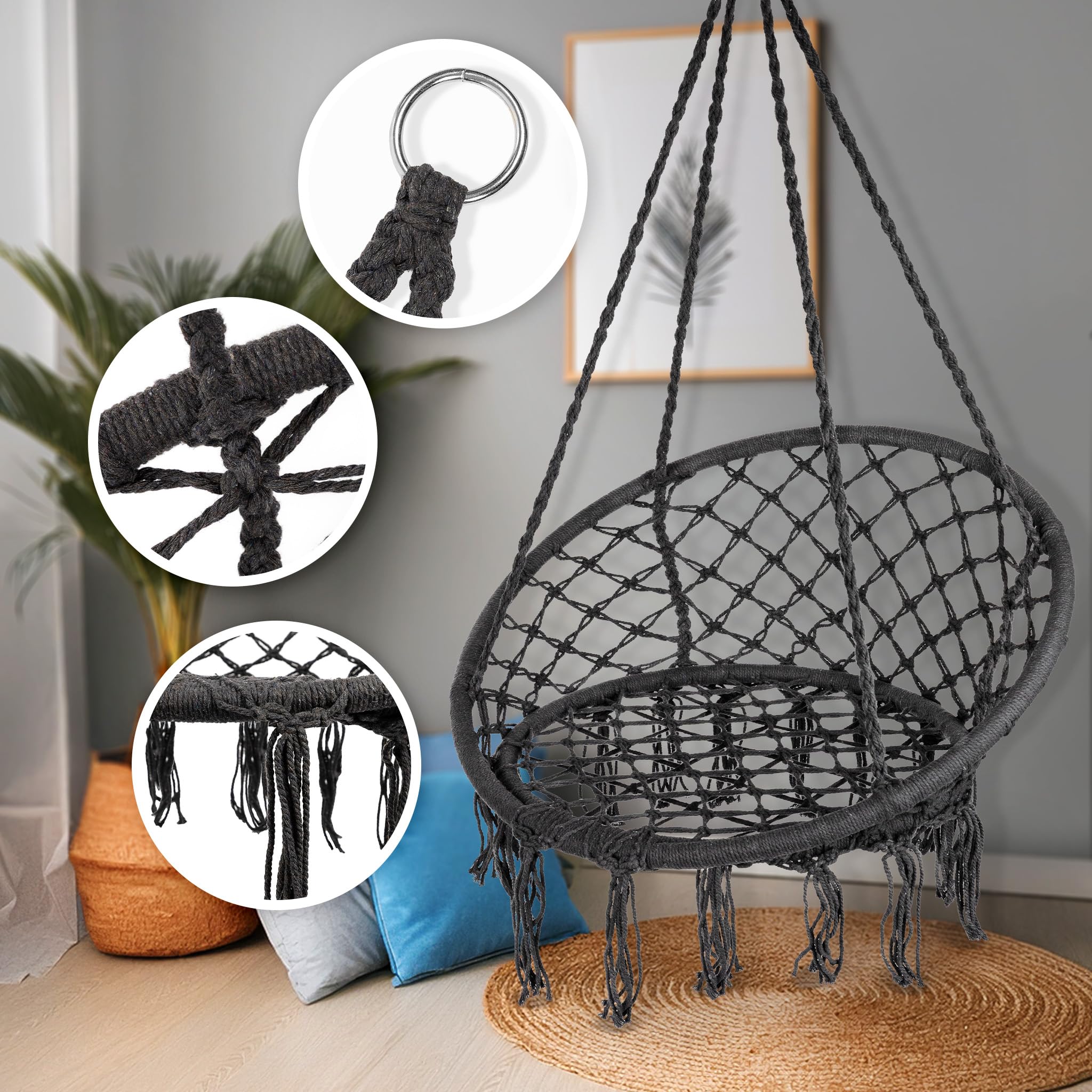 Poltrona Sospesa Boho Sedia Amaca Portata 150 kg Acciaio Zincato Corde Cotone Poliestere